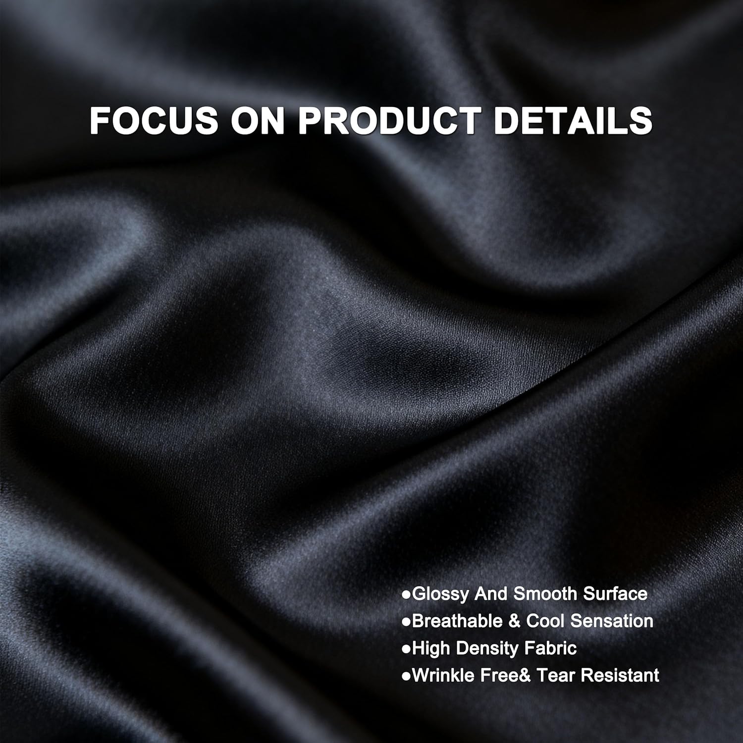 4 Piece Satin Silky Sheet Set Queen Size, Deep Pocket Moisture Wicking Smooth Cooling Fabric Ice Silk Feel Hair Protection, Black