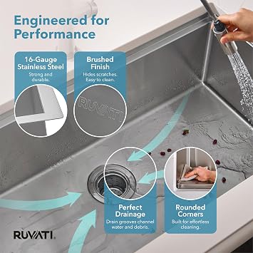 Ruvati 32-inch Round Corner Undermount 16 Gauge Stainless Steel Workstation Kitchen Sink Single Bowl Soundproof Multifunction Chef Sink with Cutting Board & Accessories RVH8301