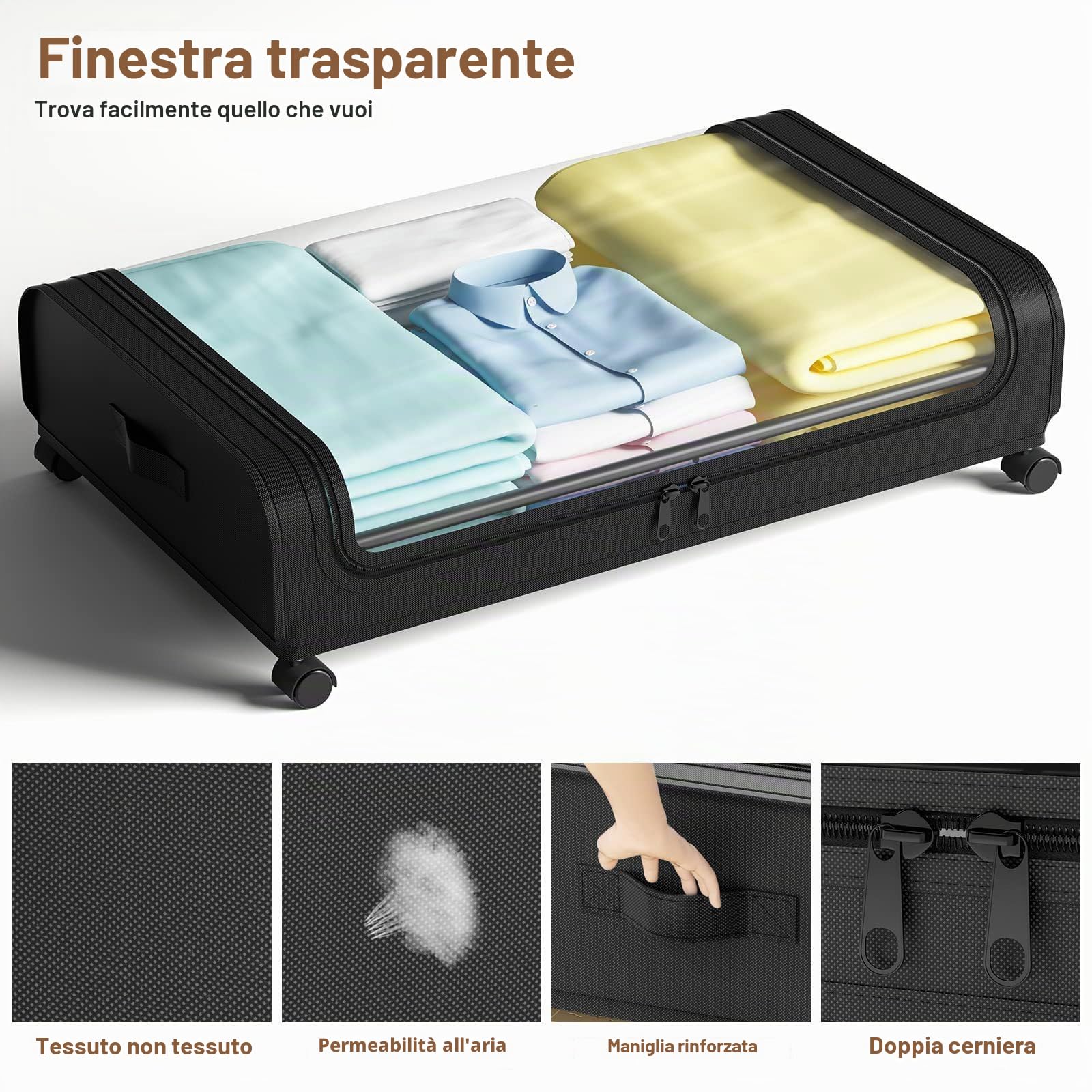 Contenitore sottoletto con ruote, 2 pezzi 80x44x18cm, con finestra trasparente, contenitore sottoletto pieghevole per vestiti, scarpe, coperte, biancheria da letto, Nero