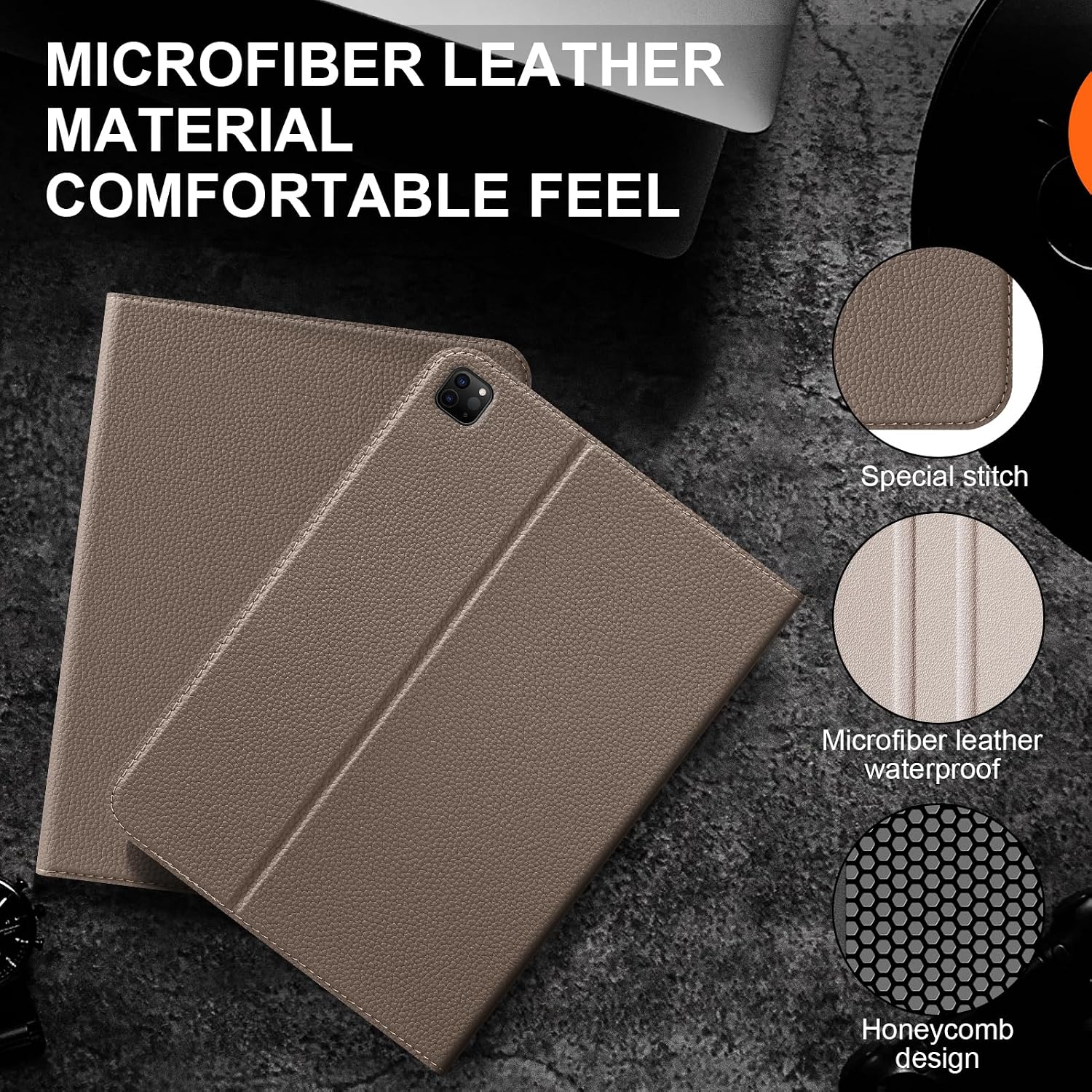 for iPad Pro 12.9 Case (2018-2022) Leather Folio Stand with Pencil Slot, Auto Wake/Sleep, Multi-Angle - Gray Brown