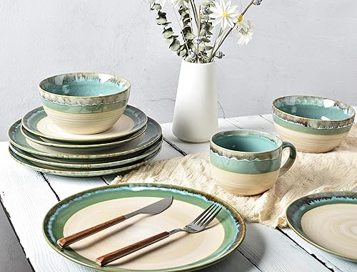 Miniatura 7 de Bosmarlin Juego de 4 tazones de cerámica para sopa de 26 onzas, 6 pulgadas para avena, ensalada, lavavajillas y microondas, esmalte reactivo (verde,