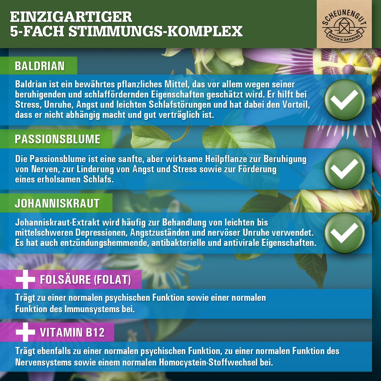 INNERE BALANCE® Passionsblume Johanniskraut Baldrian Hochdosiert -WICHTIG: Laborgeprüfter Markenkomplex mit Hypericin, Hyperforin, Folsäure +Vitamin B12 120 Kapseln DE SCHEUNENGUT®