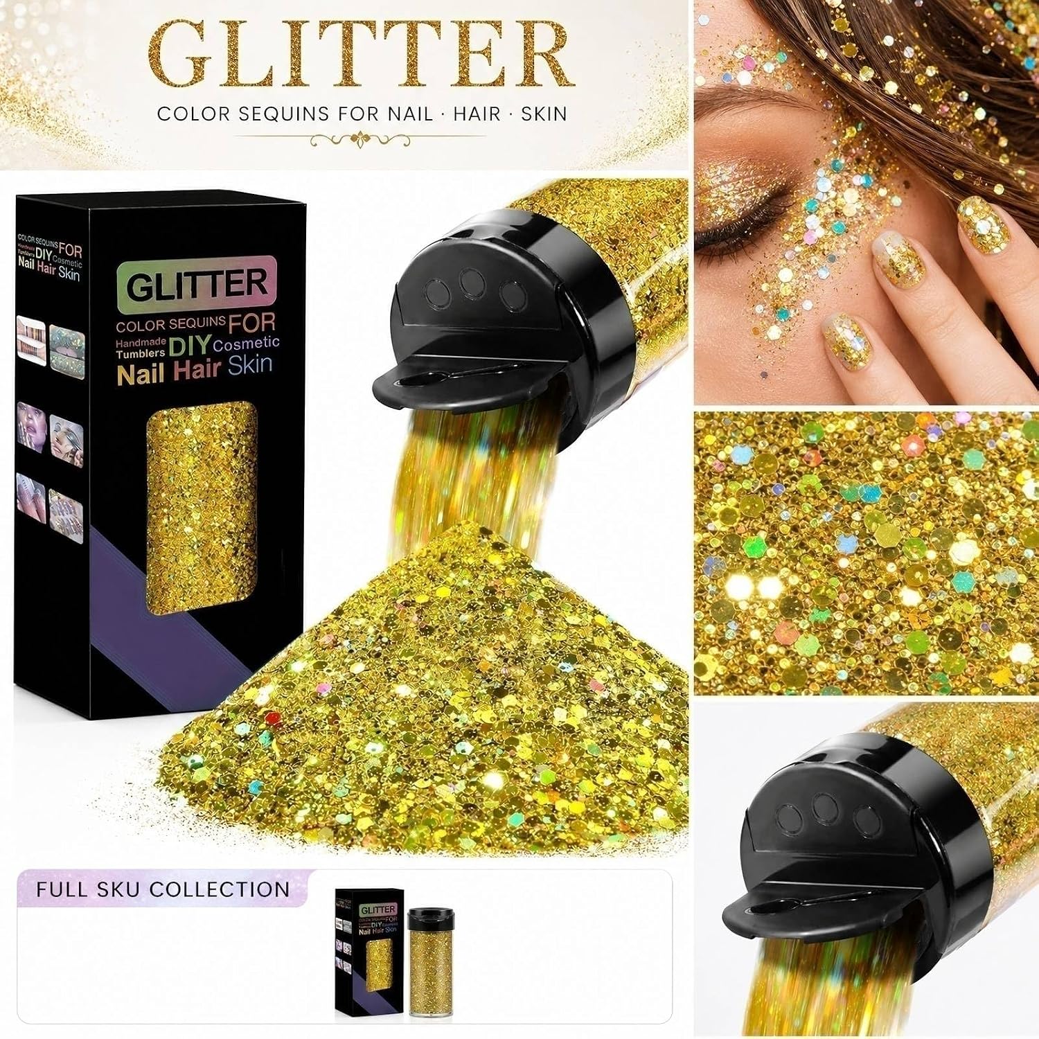 Gold Holographic Glitter,1.76oz/50g Laser Chunky Glitter for Halloween,PET Flake Mixed Fine Powder for Snowglobe Tumbler,Craft,Epoxy Resin,Festival Decor,Nail