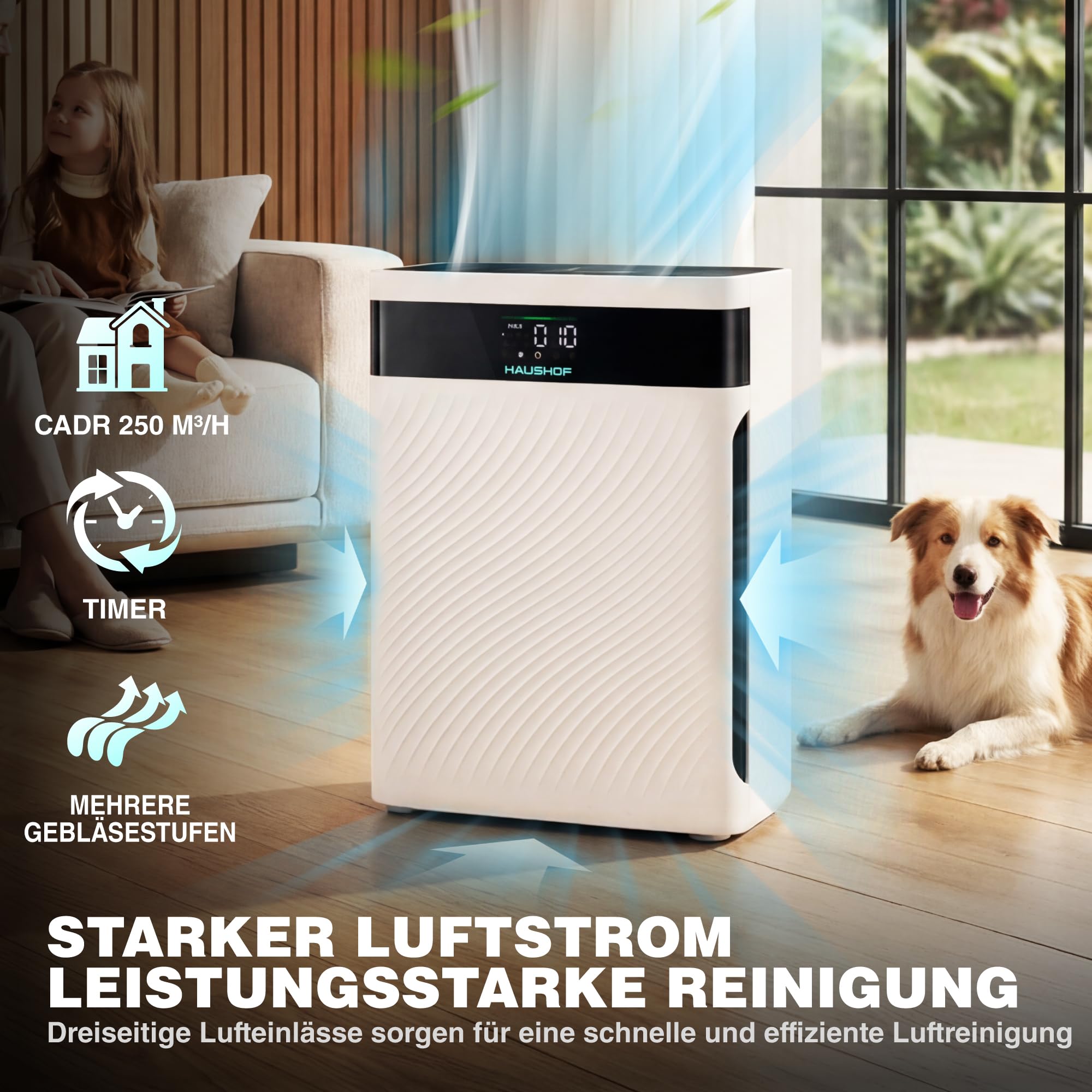 HAUSHOF Luftreiniger Allergiker mit HEPA Luftfilter entfernt 99,97% Partikel wie Staub, Pollen, Tierhaare, CADR 250 m³/h, PM2.5 LED-Anzeige, mit Haustier-Modus, 30dB Schlafmodus, Aromatherapie