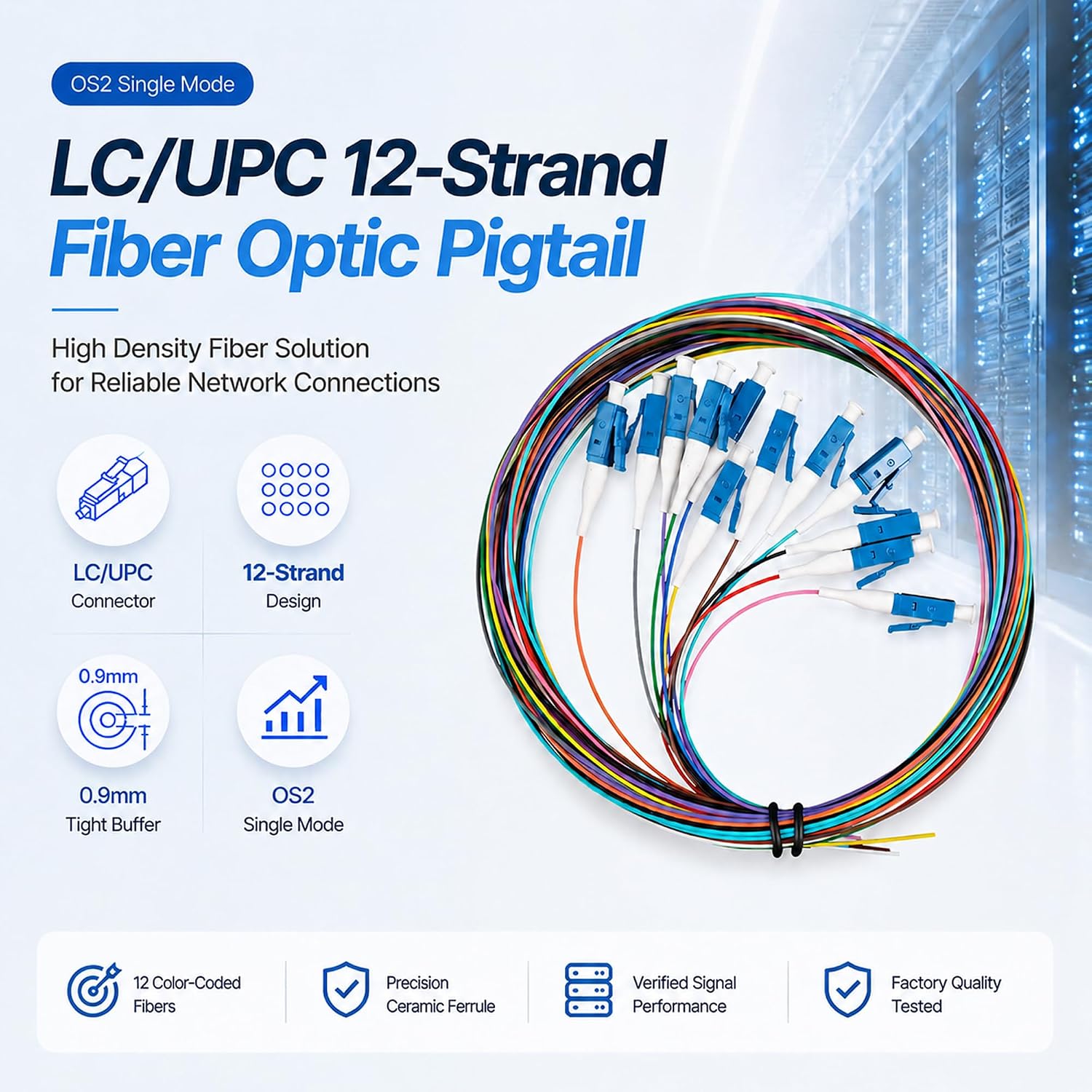 4 Sets 12-Strand LC/UPC Fiber Optic Pigtail, OS2 Single Mode 9/125μm 1.5M, Bundled Yellow PVC Jacket, TIA-598 Color-Coded 0.9mm Tight Buffer, Imported Ceramic Ferrule, for ODF FTTH Data Center CATV image 2
