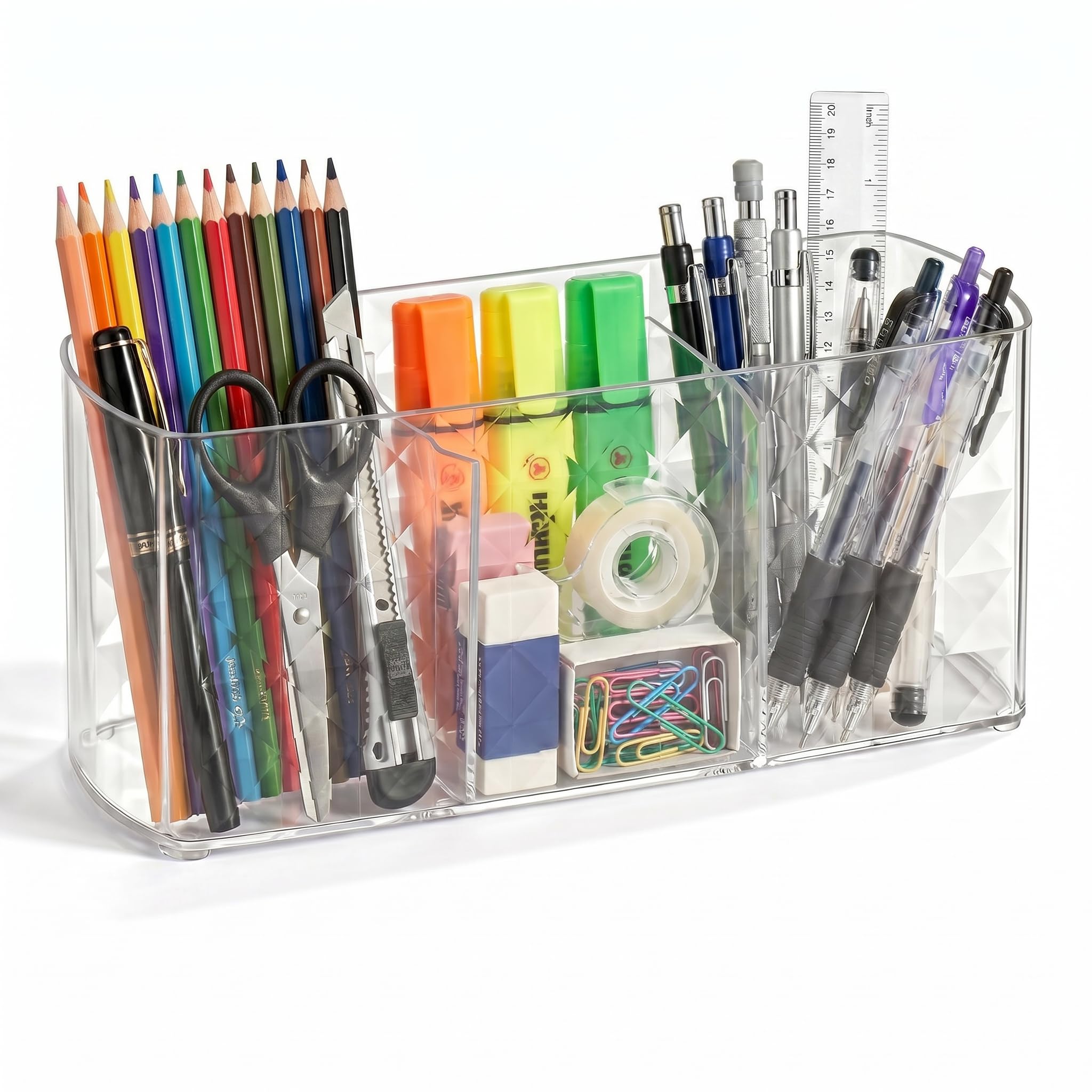 Elezeal Acrylic Pen Holder, 3 Compartment Clear Acrylic Desk Organiser, Cosmetic Makeup Brush Storage Box, Transparent Pencil Cup, Brush Storage Pot for School Supplies, Home Vanity, Office Desk