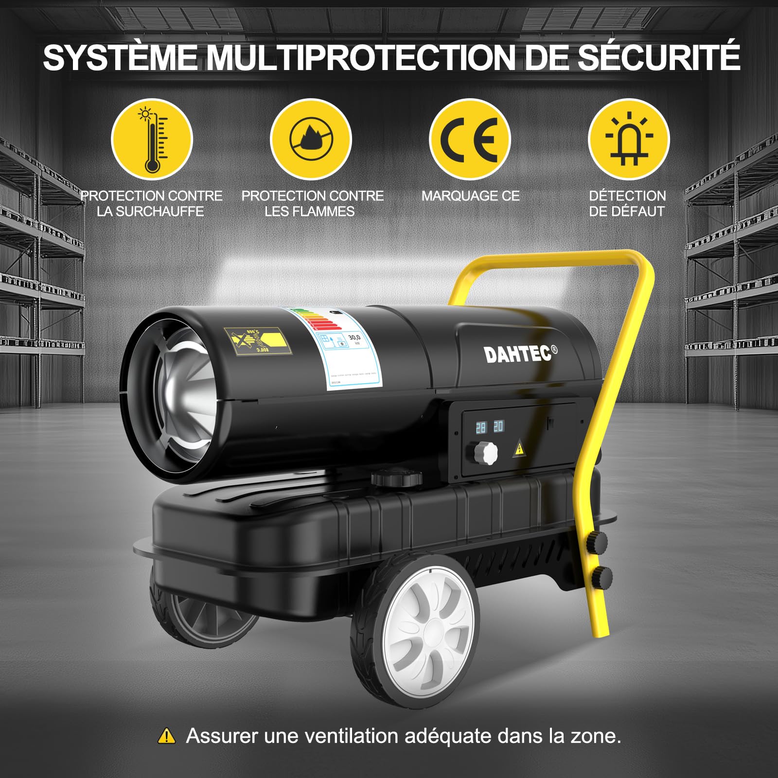 Chauffage Diesel Haute Performance 30 kW - Radiateur Industriel - Surface Chauffée : 320 à 420 m² - Thermostat Réglable & Indicateur de Niveau d'huile - Pour Ateliers, Chantiers, Agricole