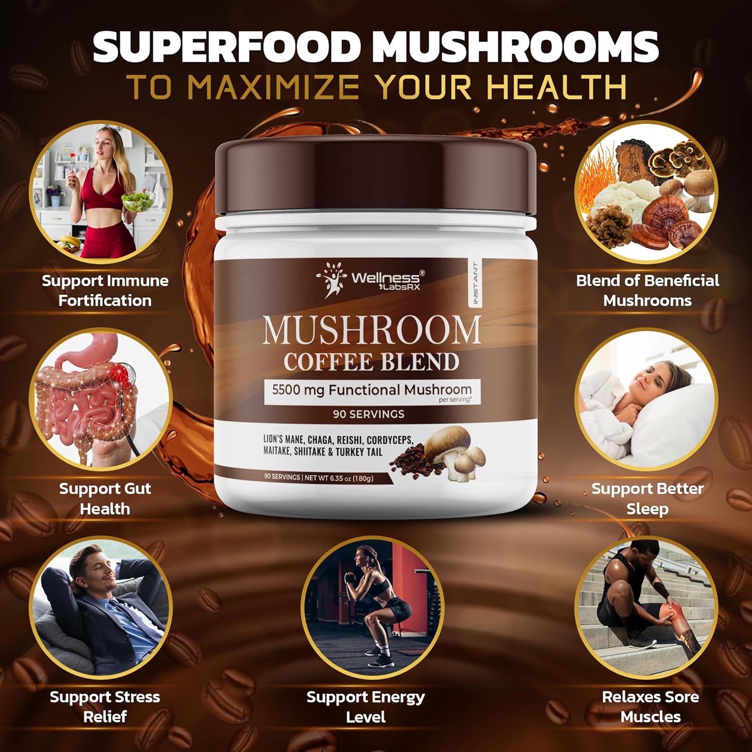 Mushroom Coffee, 90 Servings Organic Mushrooms Instant Coffea, Great Tasting Colombian Keto Coffee, 7 Superfood Mishrooms Lions Mane, Chaga, Reishi, Cordyceps, Maitake, Shiitake, and Turkey Tail - Image 5