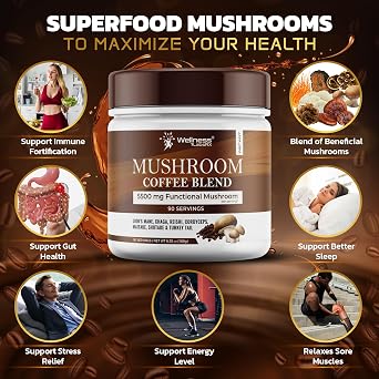 Organic Mushroom Coffee Instant, 7 Superfood Mushroom Blend, 180 Servings