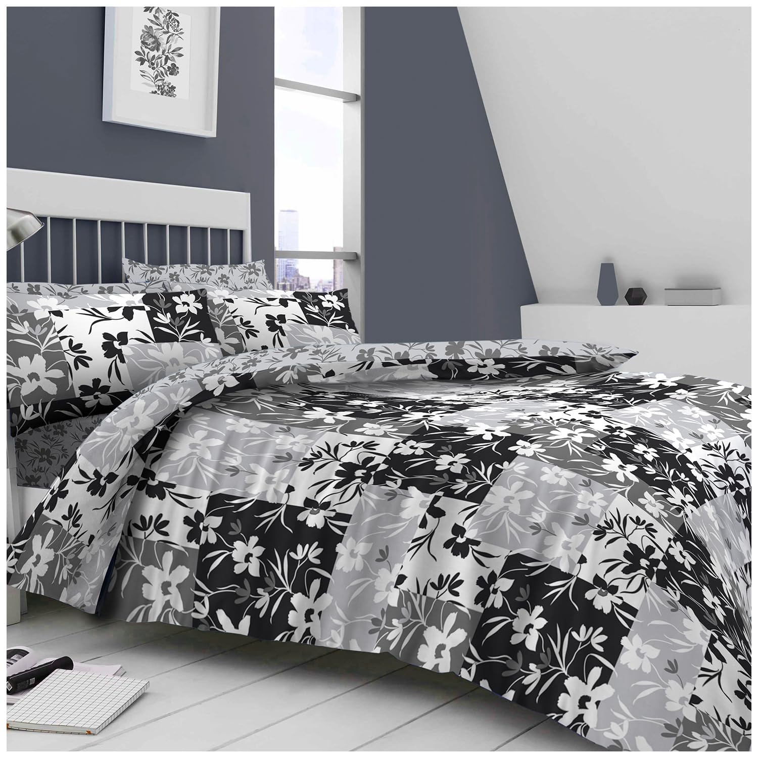 GC GAVENO CAVAILIA Botanical Printed Double Duvet Cover Set, Flower Blossom Quilt Cover With Pillowcases, Breathable Printed Grey Bedding Set