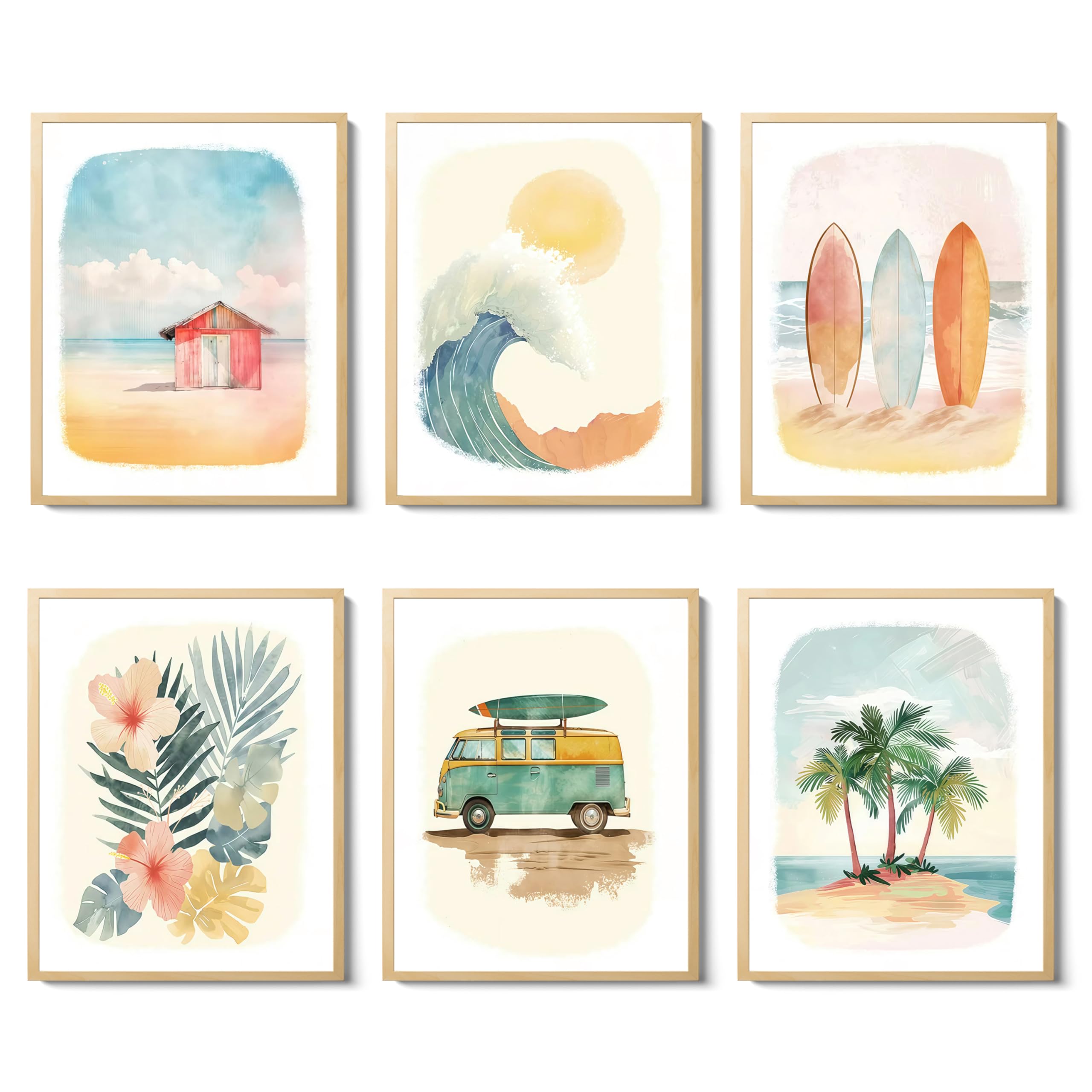 LMYSXAOZ Beach Nursery Poster, Set of 6 Ocean Kids Wall Art Watercolor Summer Surf Decor Beachy Boys Room Funny Teen Coastal Surfboard Canvas Prints Aesthetic Unframed 12x16 inch