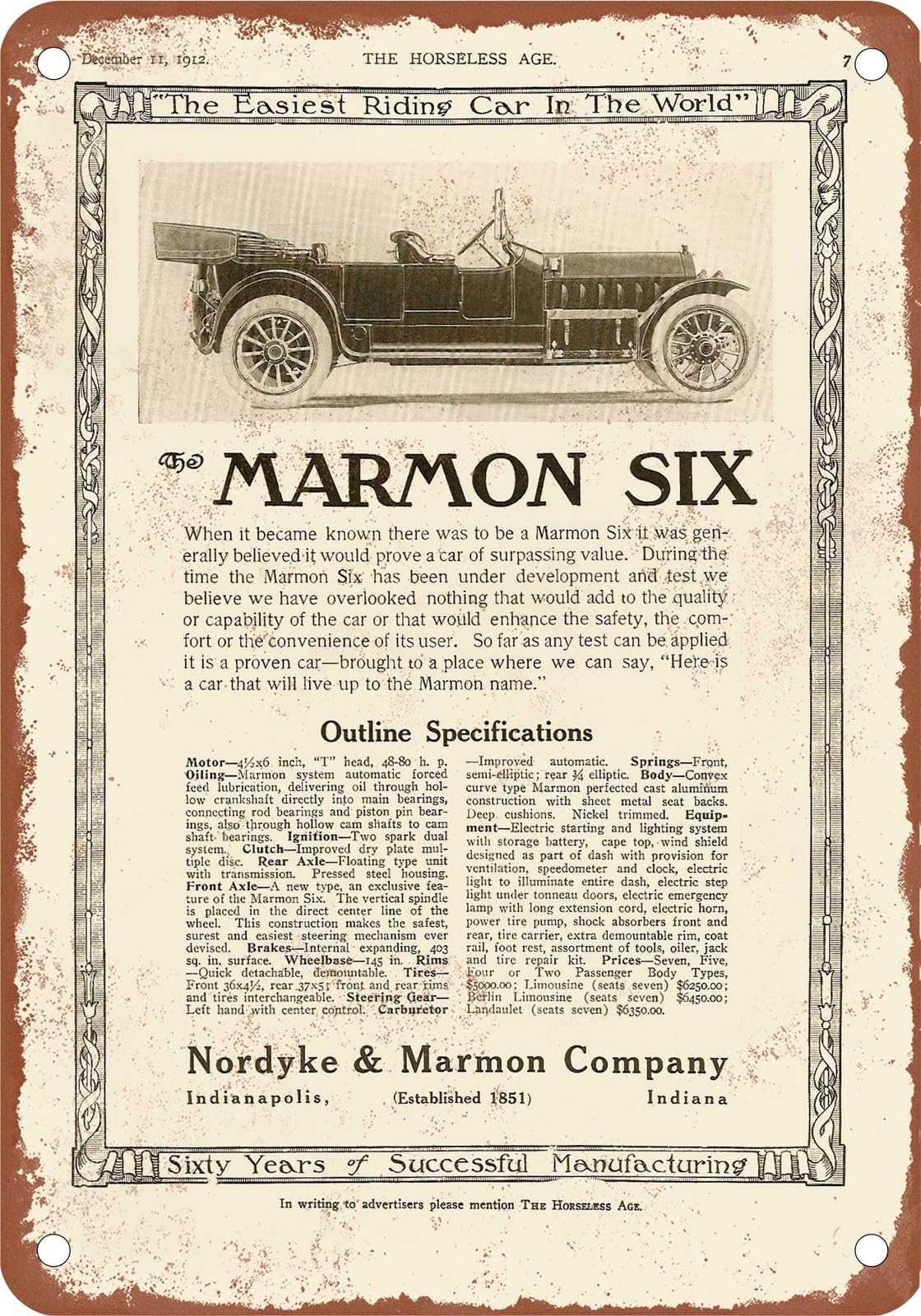 Miaomansenstore Metal Sign - 1913 Marmon Vintage Ad 02 - Old Retro Rusty Look Home Decor