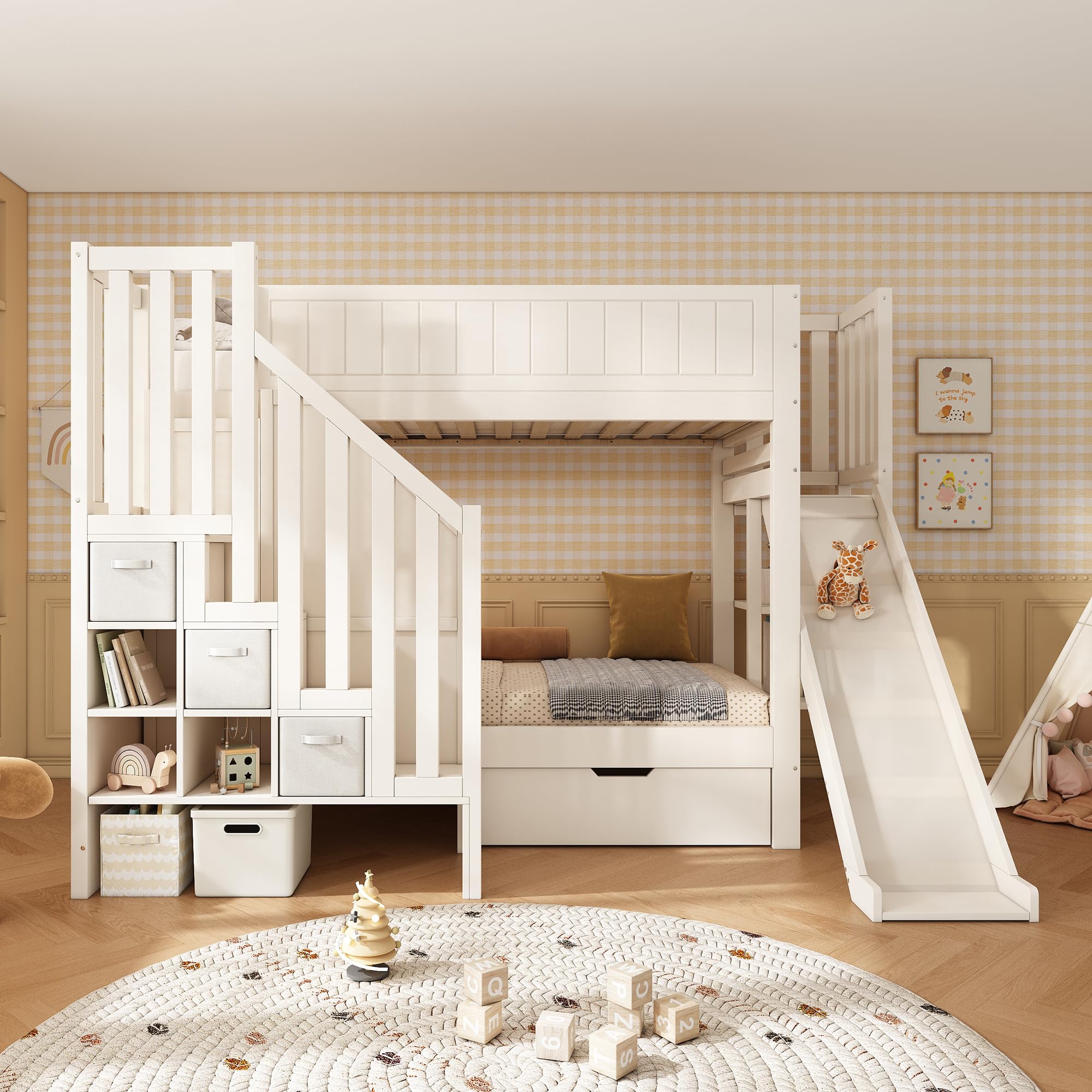 Letto a castello per bambini, 90 x 200 cm, scivolo, armadietto a scale, cassetti grandi, scaffale aperto, bianco, rete a doghe, sicurezza, ideale per famiglie con più bambini, senza materasso