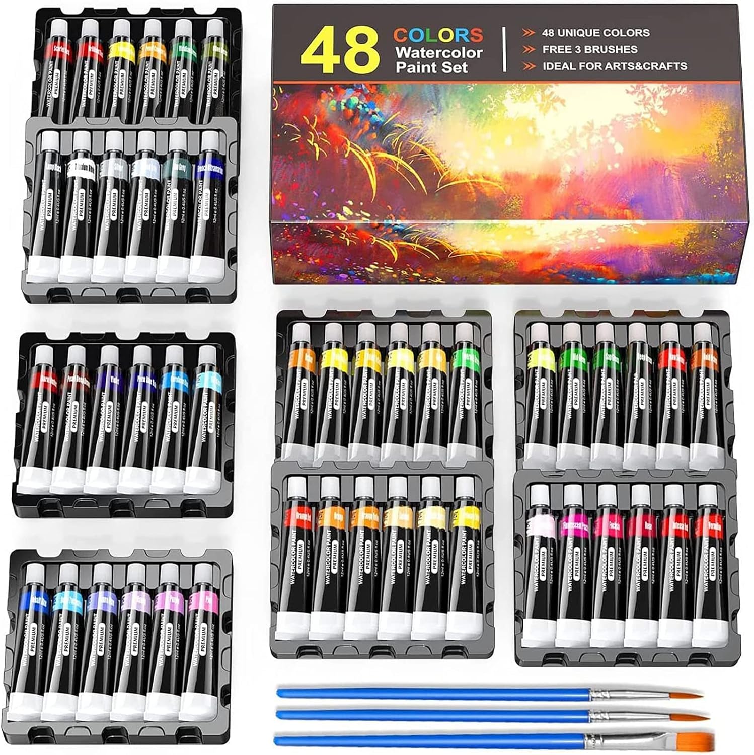 水彩絵の具 48色透明水彩 セット透明水彩絵の具 イラストセッ 12ml チューブ 大人の塗り絵 水彩画 お絵描き 美術 漫画 ホビー 画材セット Diy 学校用 幼稚園 初心者 専門家 プレゼント 48 色 21新作