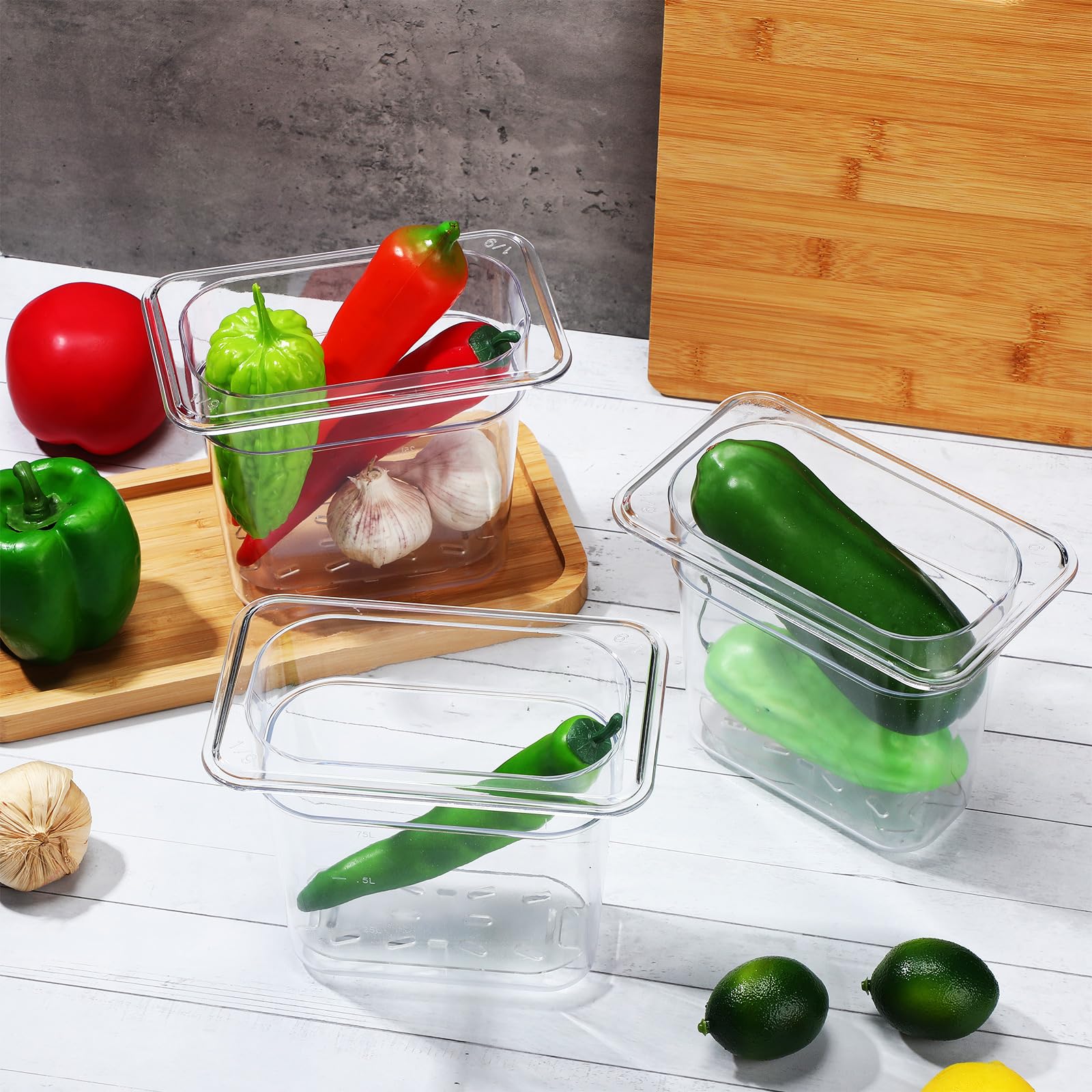Sunnyray Juego de 6 sartenes de policarbonato de tamaño 1/9 con tapas y estante de drenaje, recipientes cuadrados profundos para almacenamiento de alimentos para cocina, restaurante, frutas y verduras