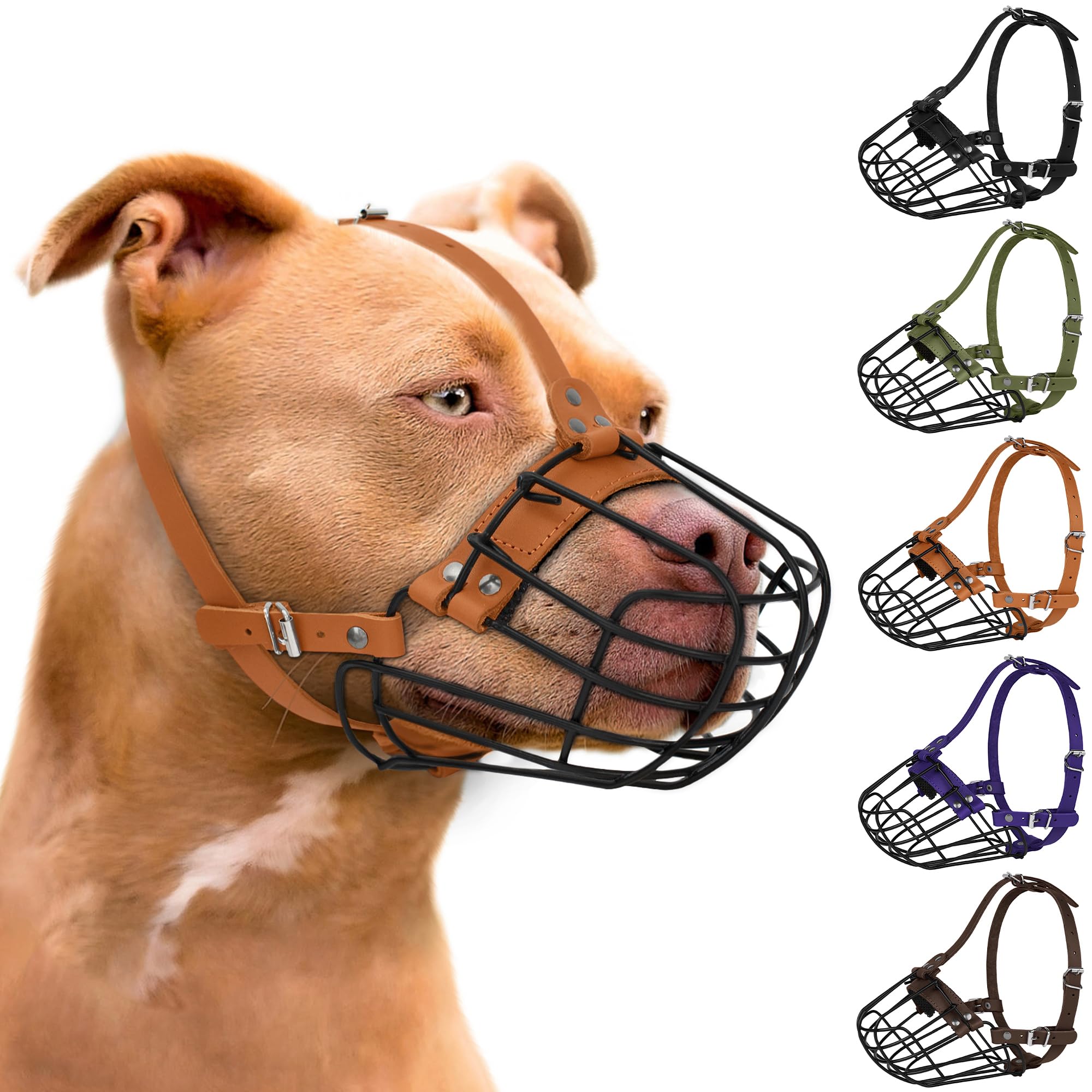 Pitbull - Bozal para perro, cesta de metal transpirable para perros grandes, máscara de alambre segura Amstaff Staffordshire Terrier, correas de cuero duraderas ajustables para morder, masticar