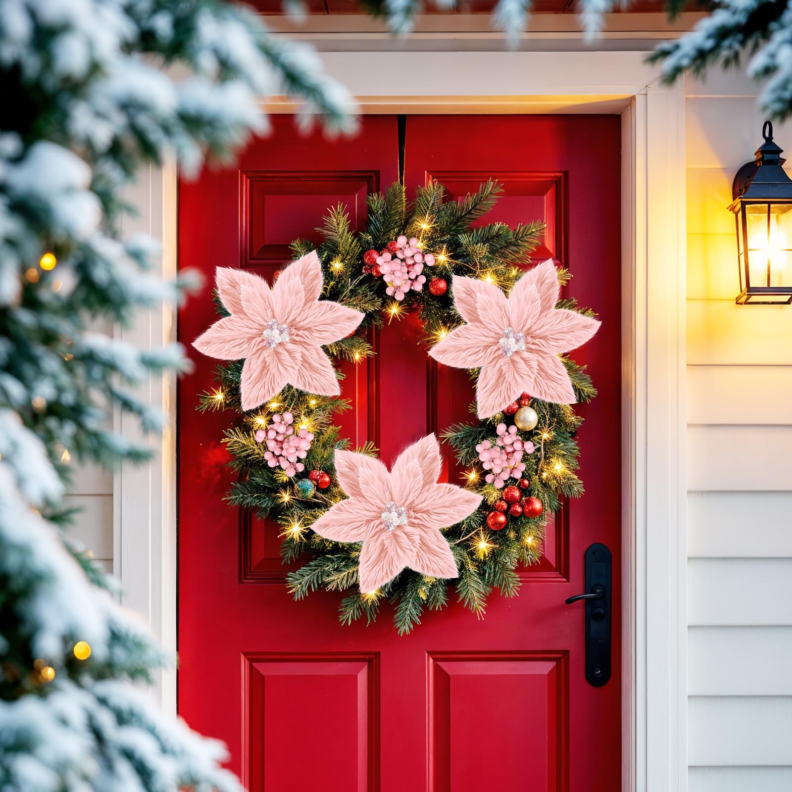 6 púas de árbol de Navidad artificiales de terciopelo rosa, flores de Pascua de Navidad, tallo de Navidad, flores de Pascua de felpa con clips y patrón de búfalo de bayas, adorno para decoración de
