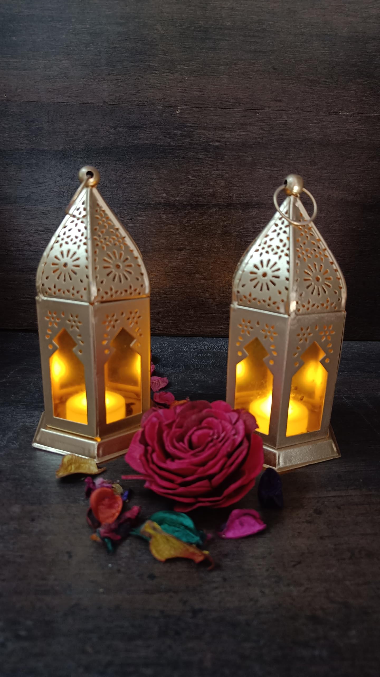 Happily Crafter Handcrafted Metal Lantern and Hanging Tealight Candle Holder for Diwali, Christmas, Home & Office Decoration, Living Room Samall Laltan (Yellow Set of 2)