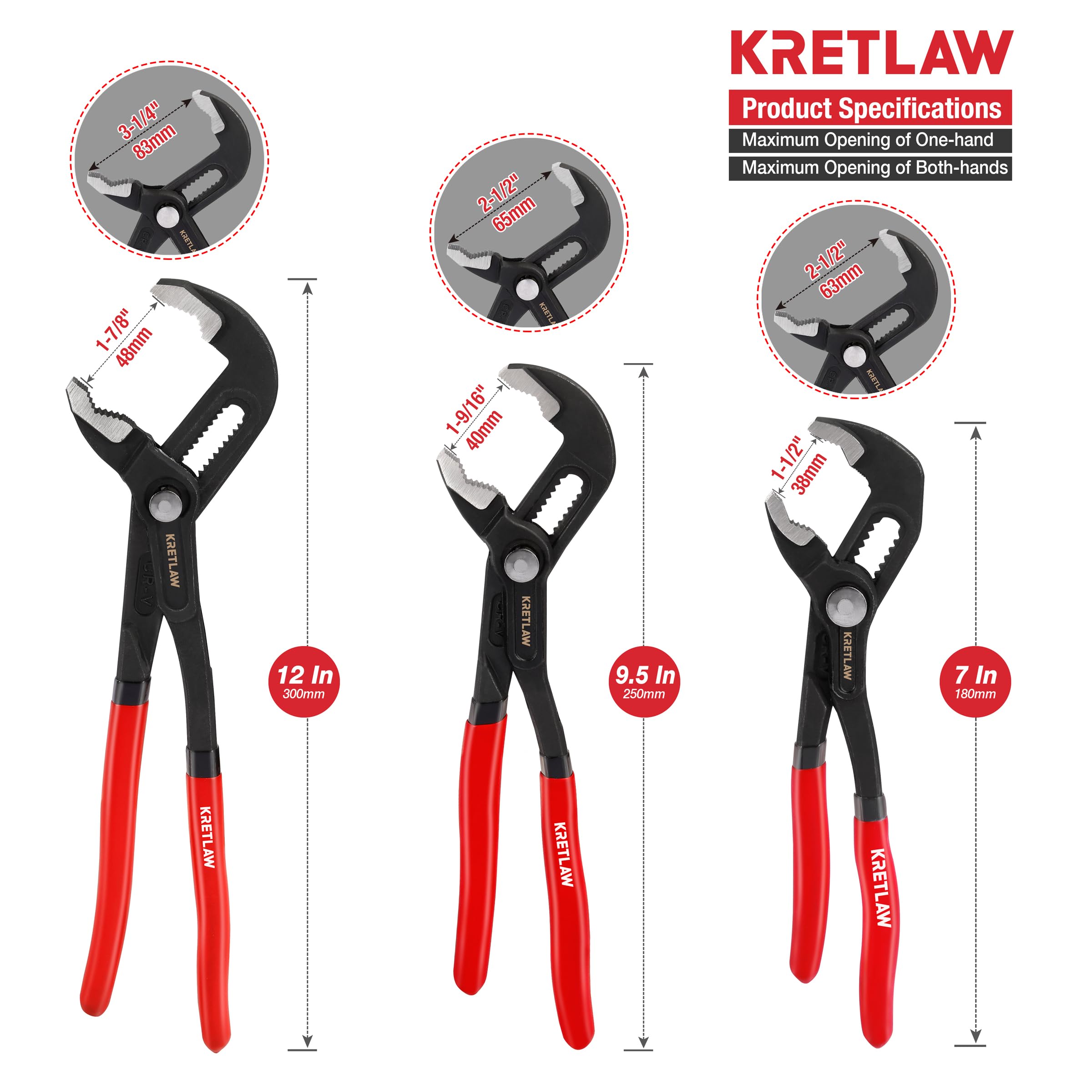 KRETLAW Lot de 3 pinces multiprises 180/250/300 mm en Cr-V, pince à tube réglable, serrage rapide avec joint coulissant rainuré