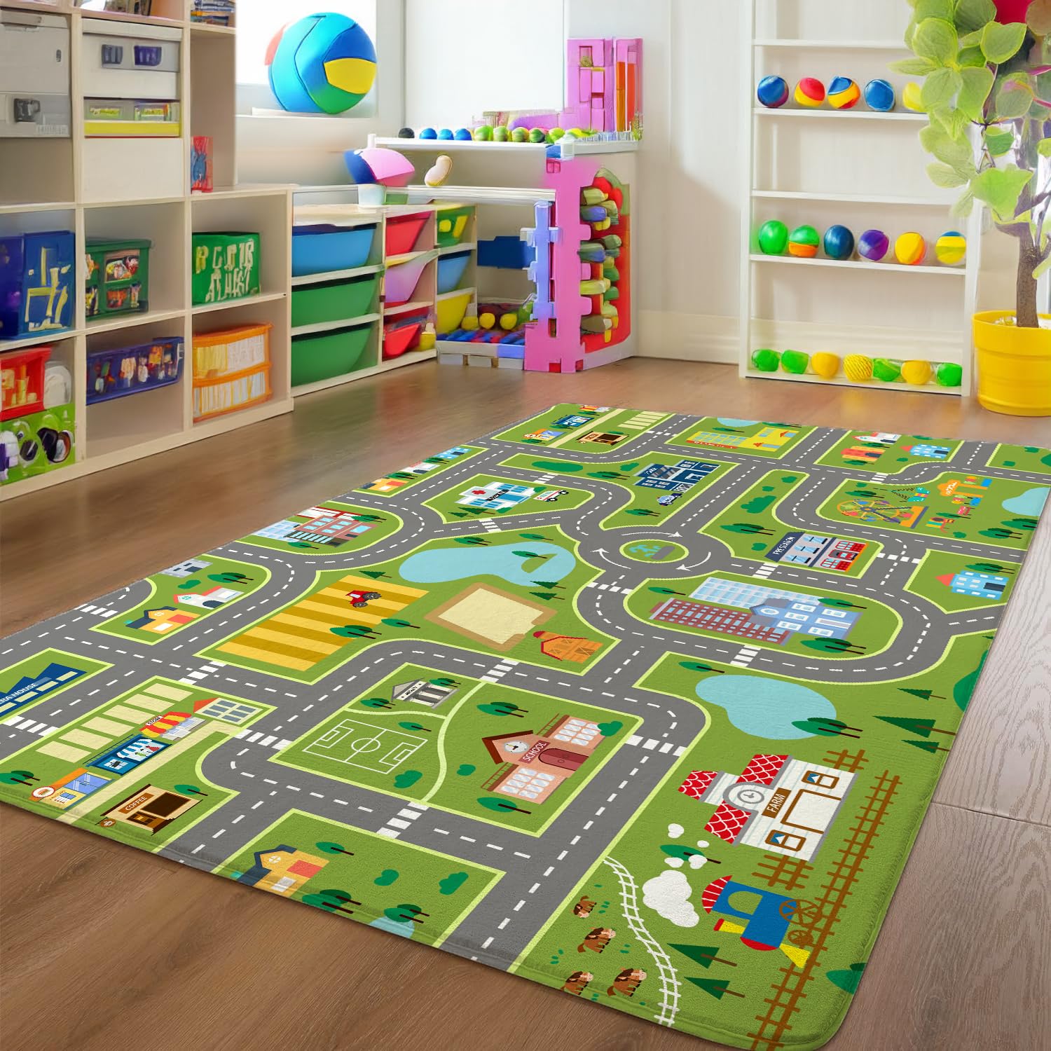 AUSTAB Kids Roommat Rug City Life Great for Playroom Classroom Bedroom - Non-Slip City Pretend Room Mat (Large- 5 x 7 FT)