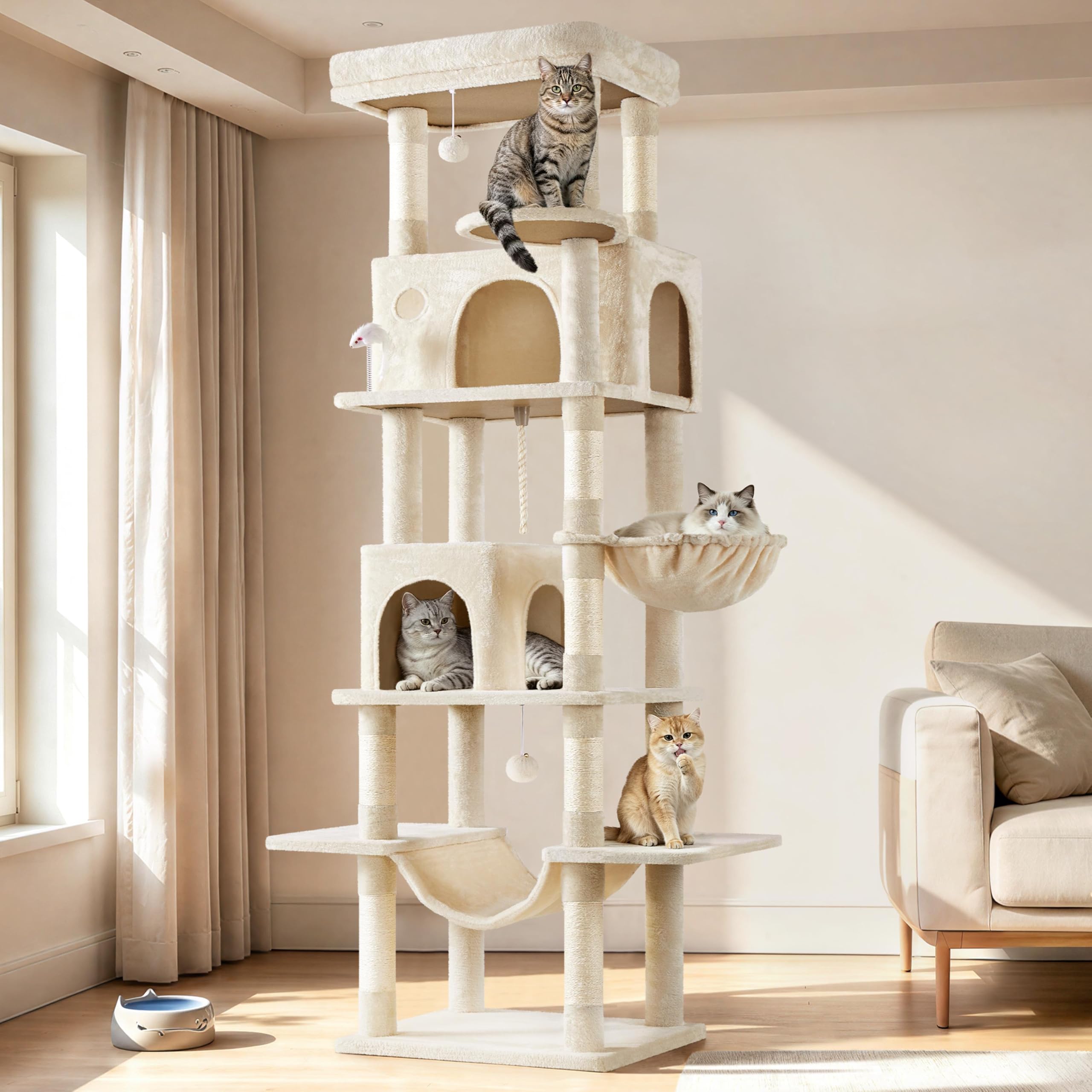 Yaheetech Albero Tiragraffi per Gatti XXL Alto 210 cm a 6 Livelli Beige
