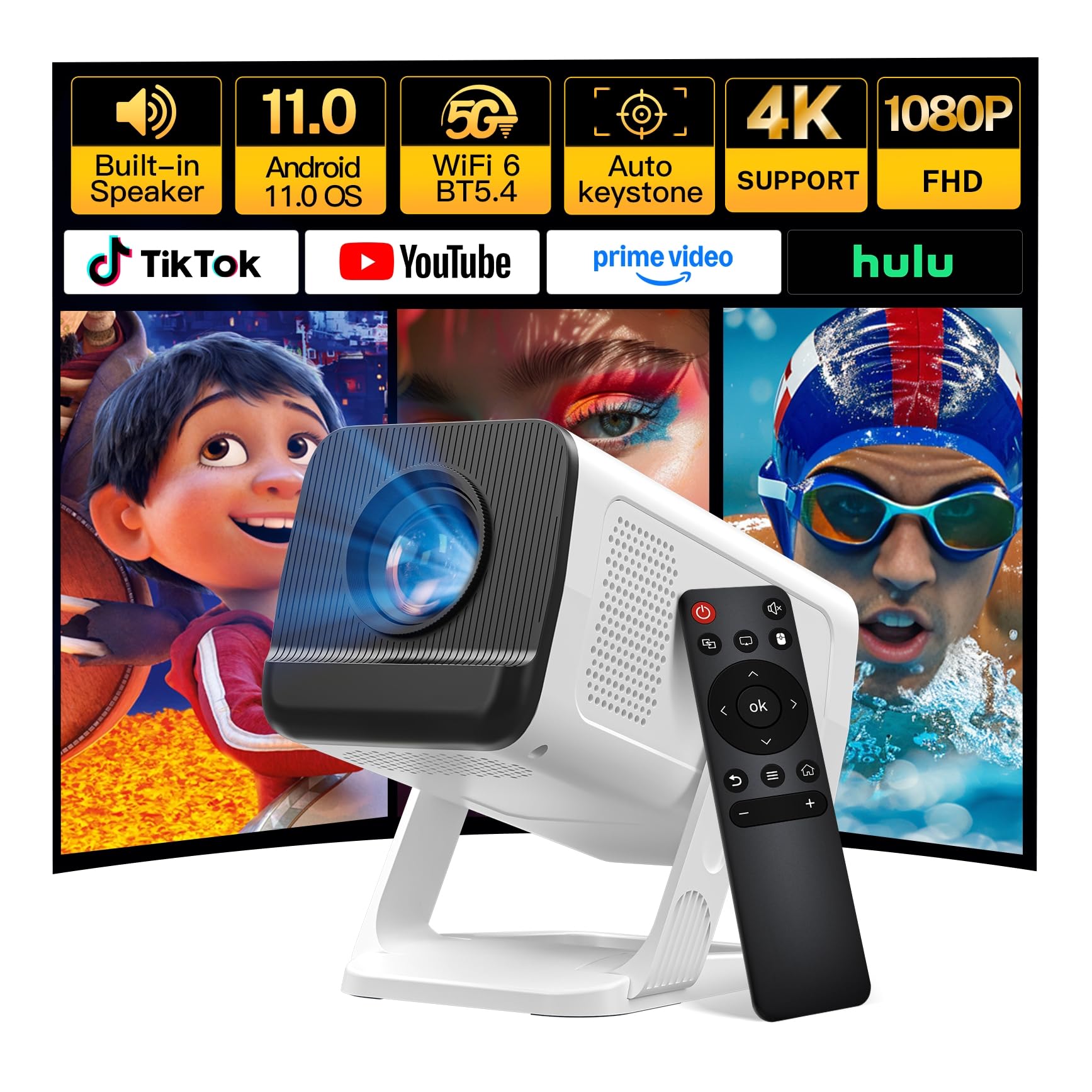 [Apps Integradas & Android 11] Mini Proyector con 5G WiFi 6 Bluetooth 5.4, Soporte 4K 1080P, Auto Keystone, 270° Rotable Projector Portátil Compatibile con HDMI/TV Stick/Laptop/USB/iOS LYNCAST