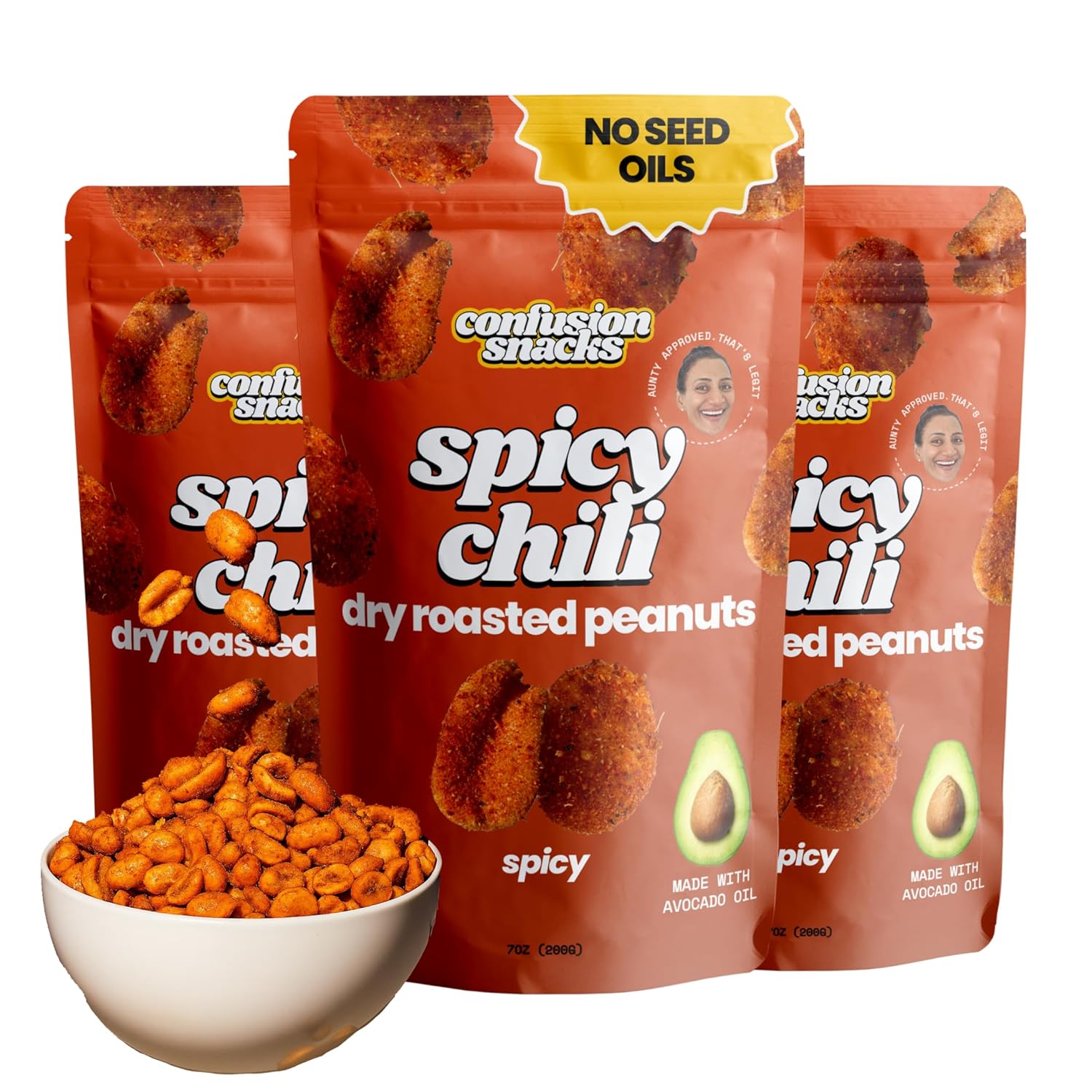 Confusion Snacks Chili Spiced Hot Peanuts – Spicy Snacks with a Hot & Spicy Taste, Keto, High Protein, Seed Oil Free, Gluten Free, Vegan, Dry Roasted Nuts, 3-Pack 7oz
