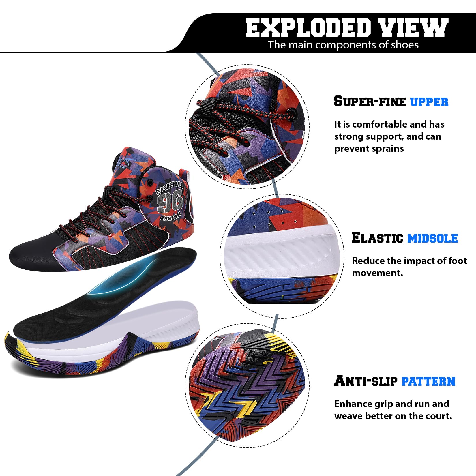 ASHION Kids Basketball Shoes Boys Gilrs Sneakers Mid-Top Lace Up Cushion Anti Slip Athletic Outdoor Sport Shoes for Unisex-Child Multi-Color Size 2 Little Kid