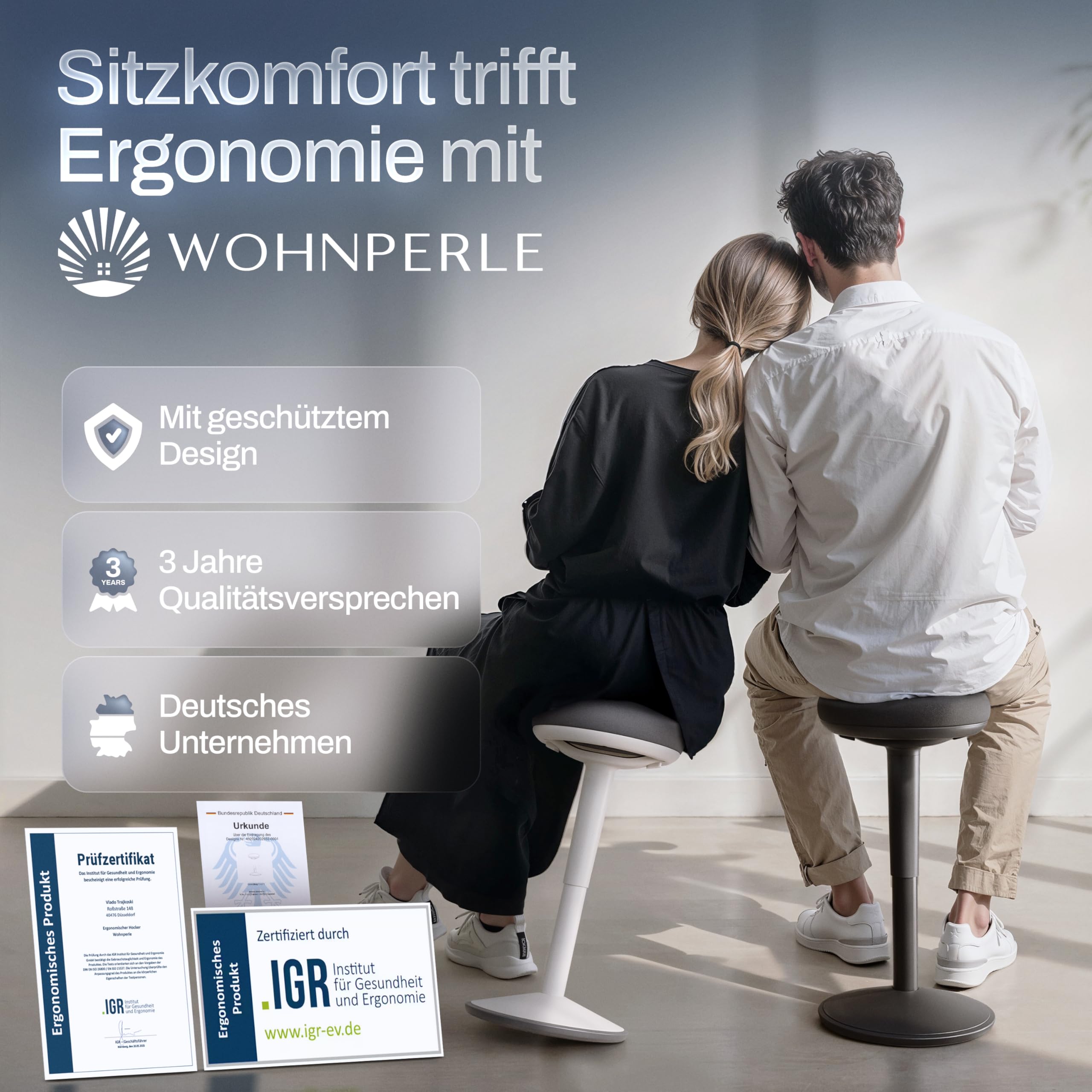 Bürohocker ergonomisch [Zertifiziert] 2in1 Sitzhocker & Stehhocker höhenverstellbar | Ergonomischer Hocker Schwarz für Büro und Schreibtisch - Wackelhocker + Pendelhocker mit Schwingeffekt
