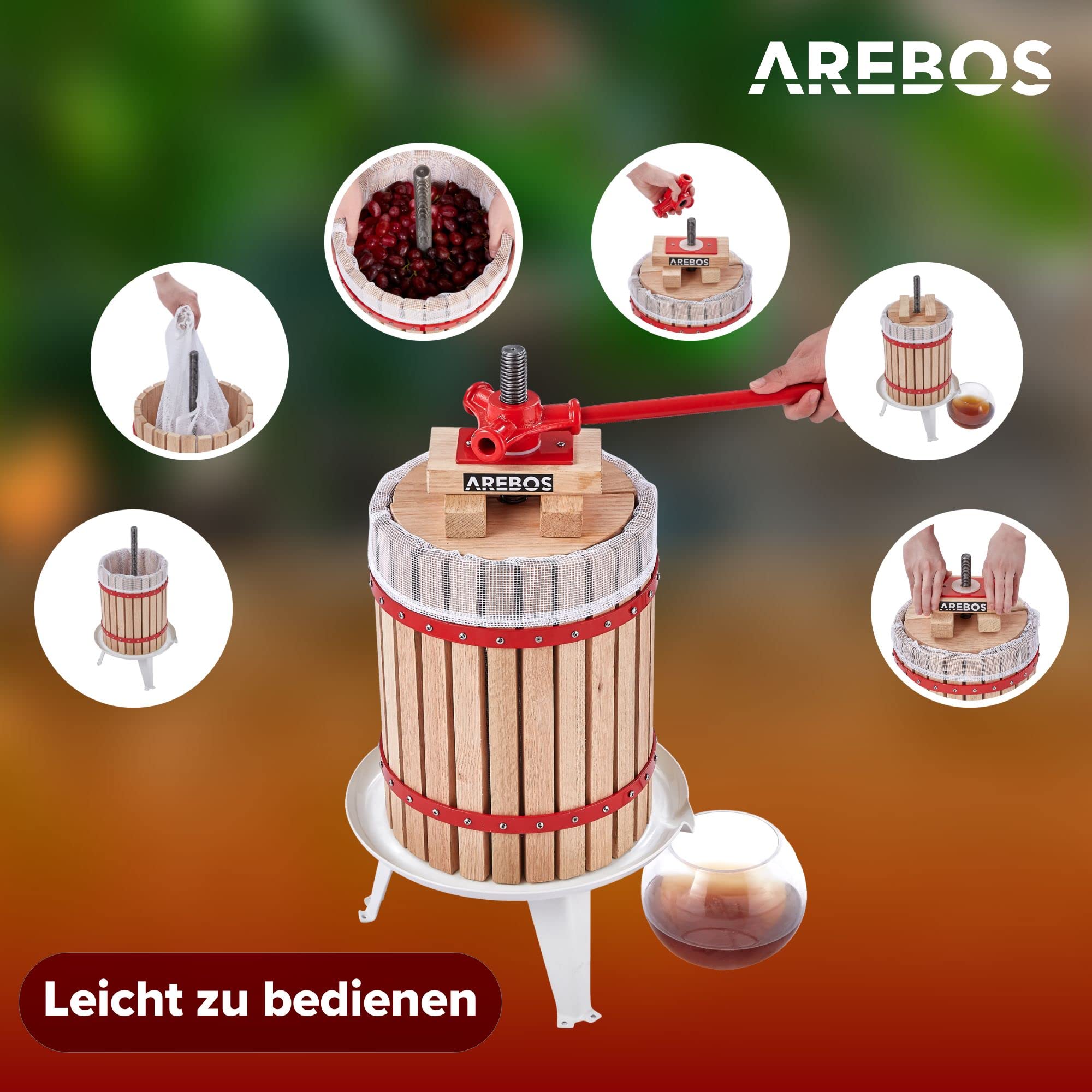Arebos Obstpresse 18L und Obstmühle 7L | Manuelle Saftpresse I Beerenpresse inkl. Presstuch, Druckplatte und Metallspindel I Für jegliche Arten von Saft & Gemüse