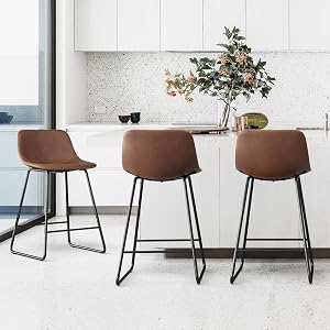 LUE BONA Bar Stools Set of 3, 24" ALX Faux Leather Barstools, Modern Counter Height Stools with Back and Metal Legs, Armless Counter Chairs for Kitchen Island, Brown