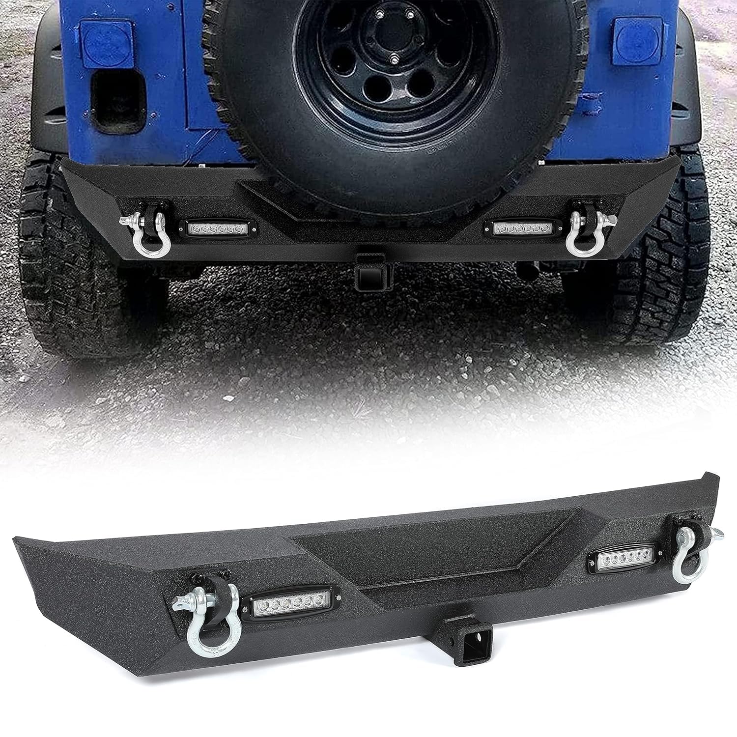 KUAFU Rear Bumper Compatible with 1987-2006 Jeep Wrangler TJ YJ With LED Lights 2" Hitch Receiver D-rings Off-Road Style Black Texture