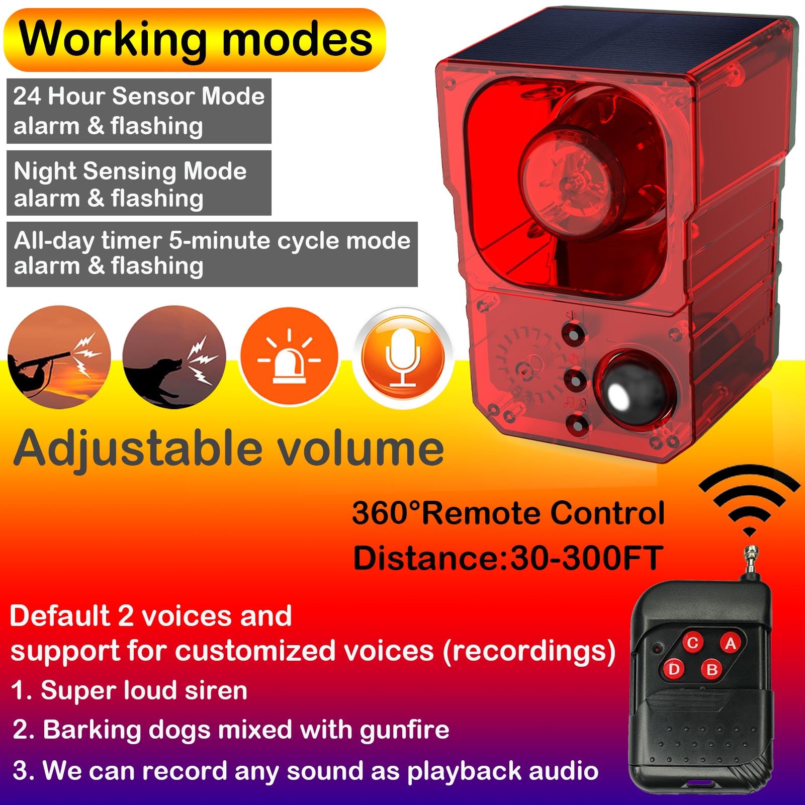 Alarma solar con sensor de movimiento para exteriores – sonidos de ladridos de perros, disparos y sirena para exteriores e interiores. Fabricante de ruido fuerte de 130 db. Luz