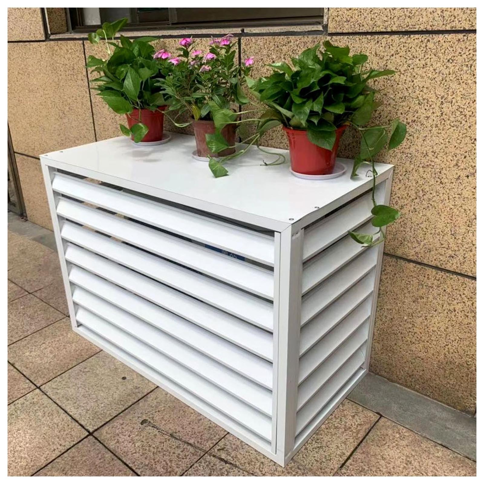 AYCDL Louvered Air Conditioner Fence Screen, Waterproof Heavy Duty Protective Cover for Outdoor AC Units, Enhances Privacy and Plant Stand Compatibility,White-110x60x80cm