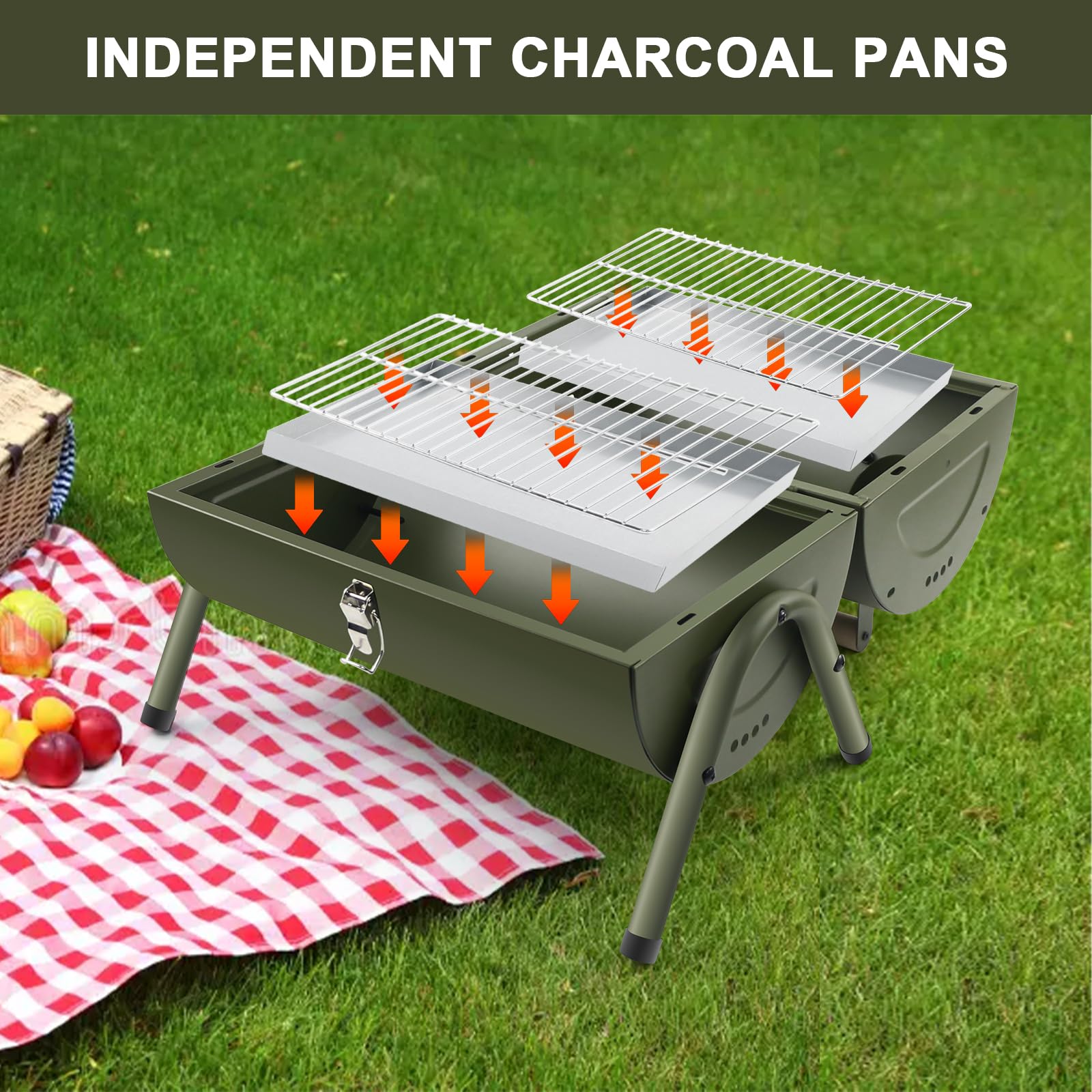 Barbecue Portable 2 en 1 avec Thermomètre BBQ à Charbon, Vert | Grill de Table, Pour Jardin Balcon Voyage Camping