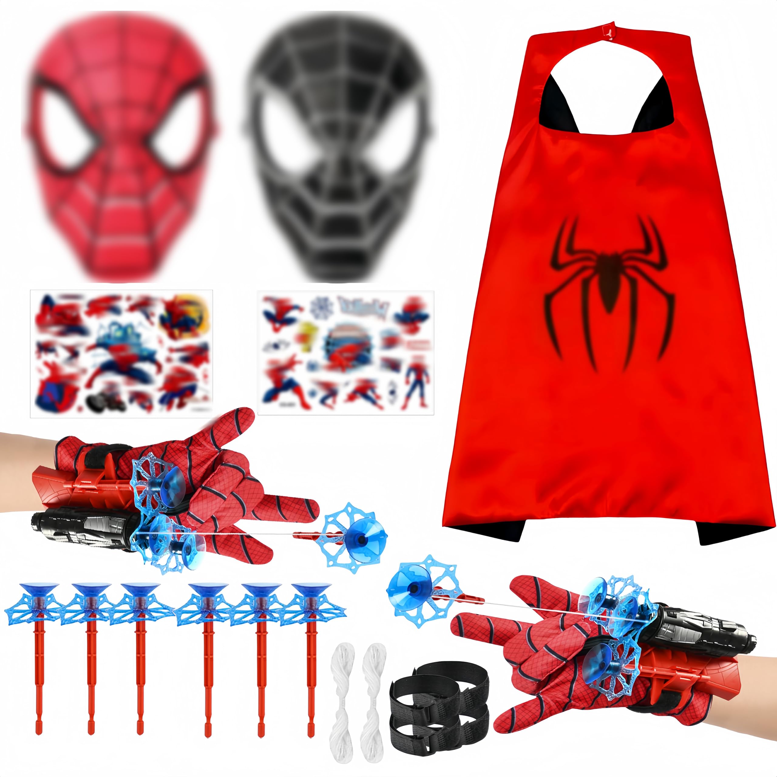 WYFDCZZP Set di 2 Spara Ragnatele Spid-er, con Guanti Spiderm,Mantello del Ragno,Maschera Spiderm Tatuaggi,Spiderm Giocattolo Giochi per 3 Anni e Oltre Bambini per Partecipare al Gioco di Ruolo(C)
