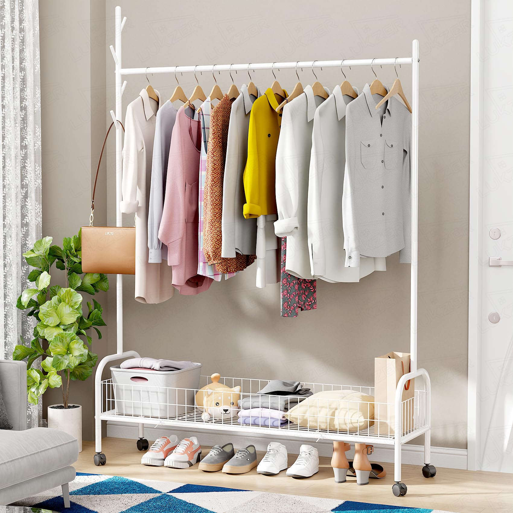 Lukzer | MGR-003 | White | Metal Garment Rack with Wheels, Bottom Shelf & Single Rod – Cloth Organizer for Hanging Kurtas, Jackets, Bags in Bedroom, Office, Hostel & More | 173 x 110 x 35 cm