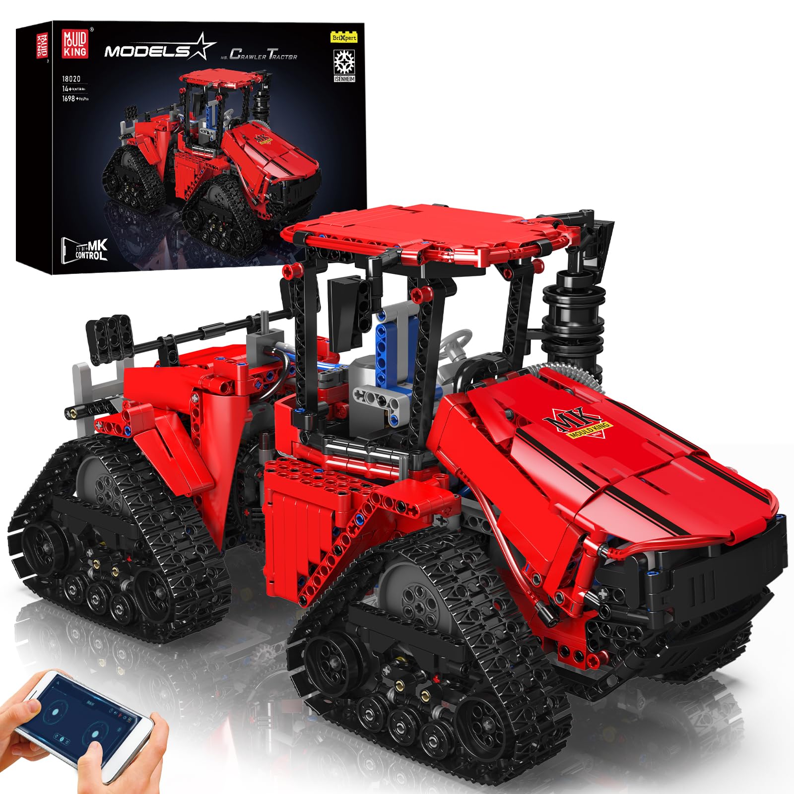 Mould King 18020 Technik Tractor Construction Kit, Remote Controlled Crawler Tractor with 4 Motors, Pneumatic & App Control, Building Blocks Set for Teenagers and Adults (1698 Pieces)