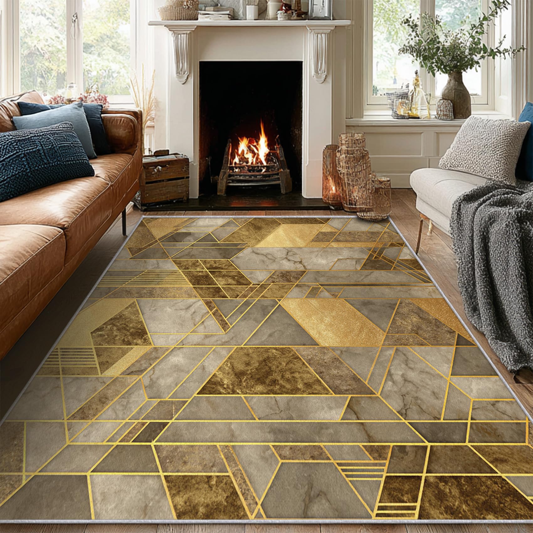 Marmor Teppich 200 x 200 cm Wohnzimmer Mit Gold Gelb Modern Geometrisch Muster, Marmor Bettvorleger Schlafzimmer Deko, Waschbar Teppiche Gegend Kurzflor rutschfest