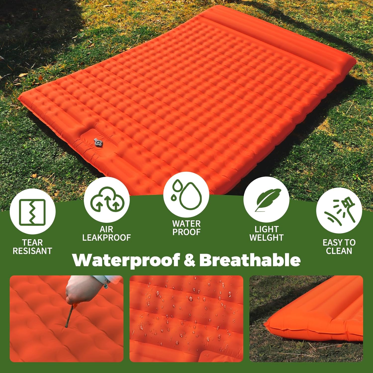 Double Sleeping Pad Self-Inflating, Built-in Foot Pump Extra-Thick Portable Camping Mat for Camping Hiking Travel, Orange