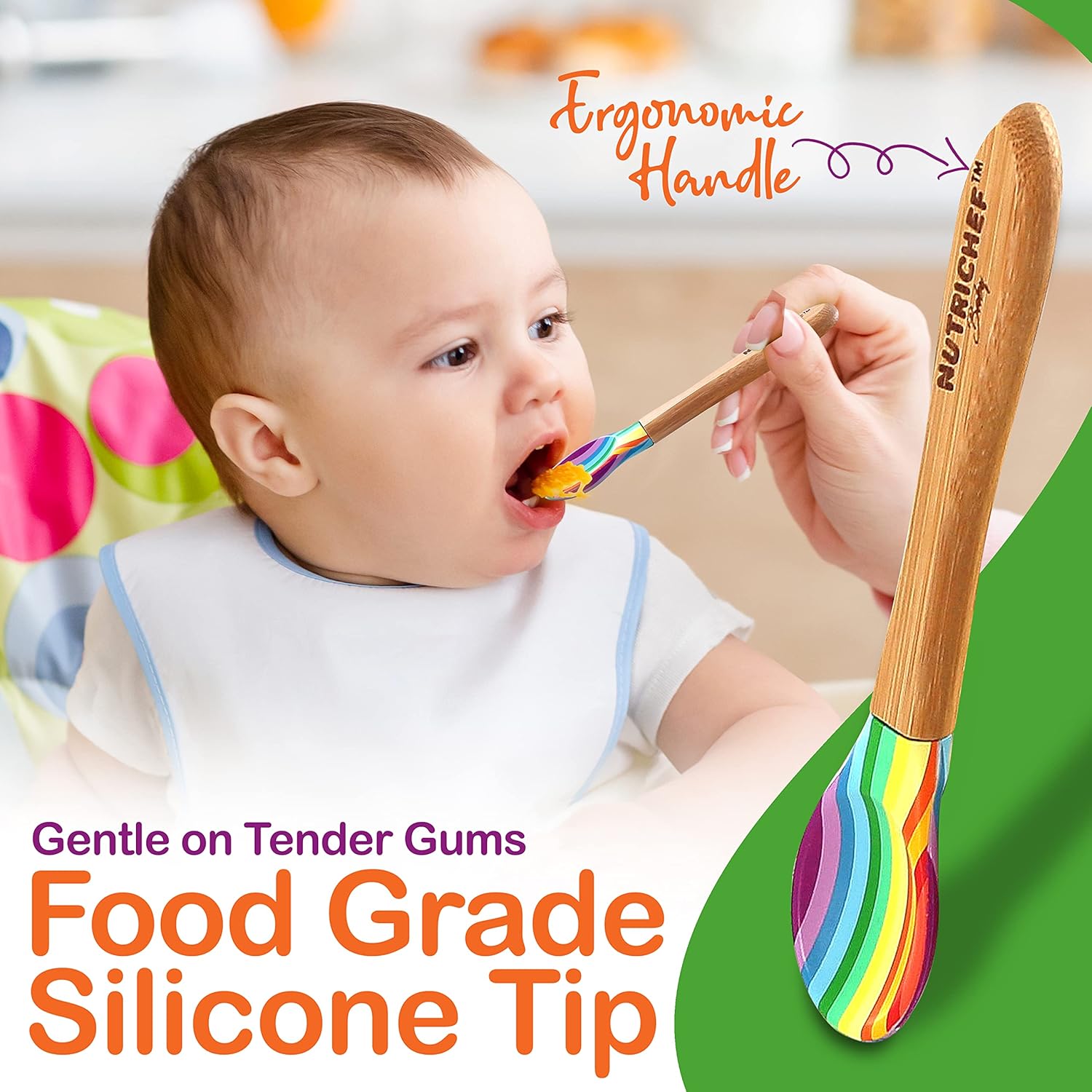 NutriChef Round Bamboo Baby Plate - 3 Partition Wooden Toddler Dish and Spoon Set w/ Silicone Suction Base for Stay Put Feeding, BPA-Free, Hypoallergenic, For Children Aged 4-72 Months (Rainbow) : Everything Else