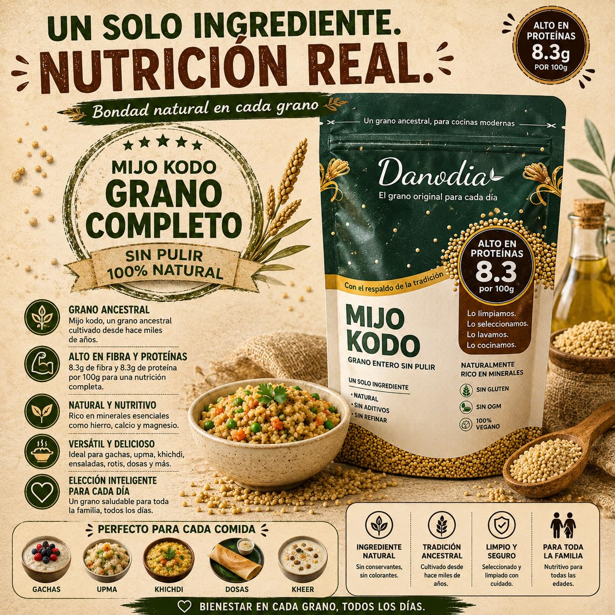 Danodia Foods Mijo Perla Pearl Millet Integral No Pulido 950 g / 2 lb, Cereal de Grano Entero Sin Gluten, Alto en Fibra 8,5 g por 100 g, No OGM, Vegano