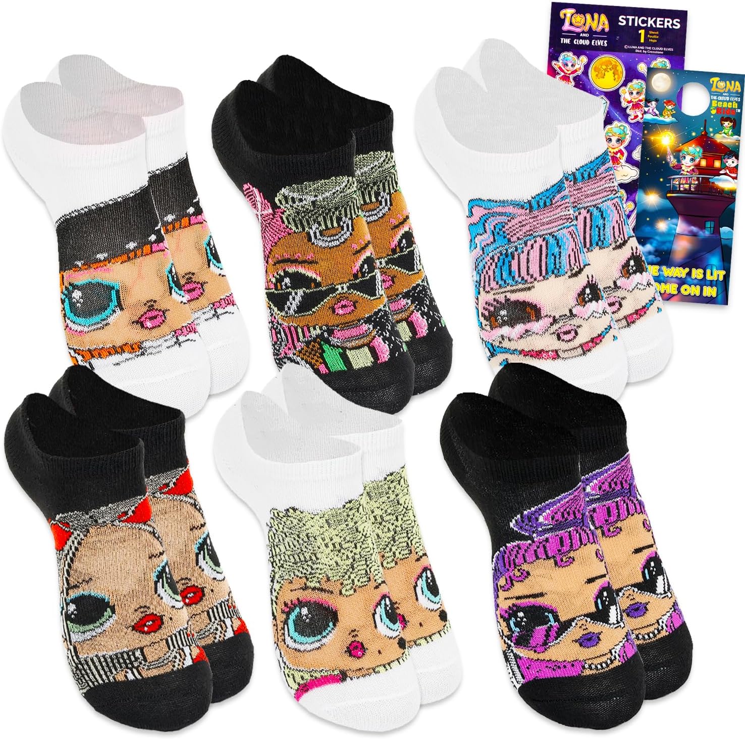 LOL Surprise OMG Socks for Girls - Bundle 5 Pairs of LOL Socks Kids Shoe Size 10-4 Plus Stickers | Footwear for Girls 6-8 Years