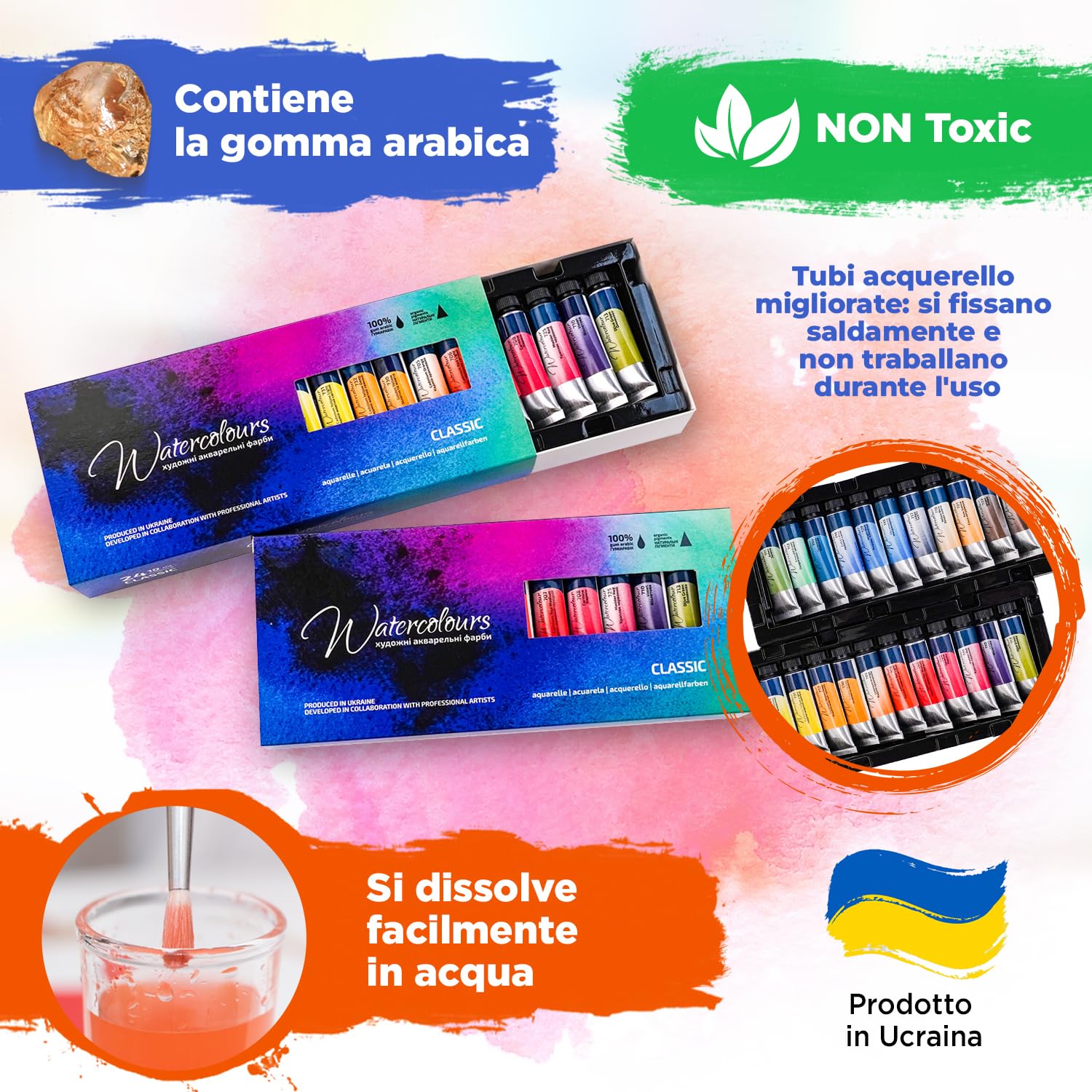 Acquerelli Professionali – 24 x 10 ml Tubetto Set Acquerelli | Acquarelli per Dipingere Portatili | Kit Acquarelli Professionali Adulti
