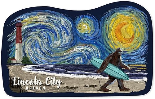 Calcomanía troquelada de Lincoln City, Oregon, noche estrellada, pie grande en la playa, calcomanía de vinilo de contorno de 1 a 3 pulgadas