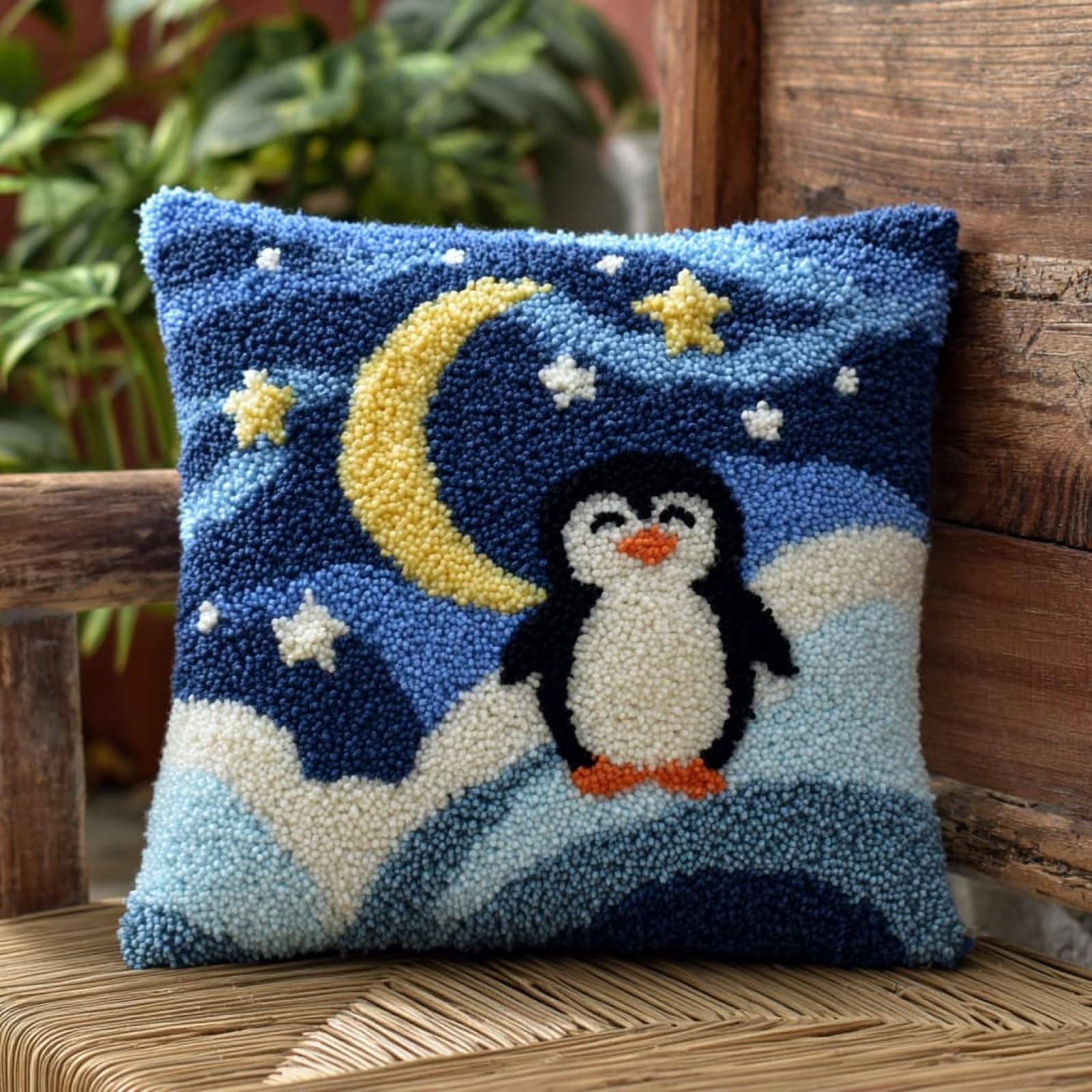 Henypt Latch Hook Craft Kit 17x17 Inch,Penguins Under the Stars Complete Embroidery Cushion Kit,Creative Craft Stress Relief Handmade Gift for Beginners