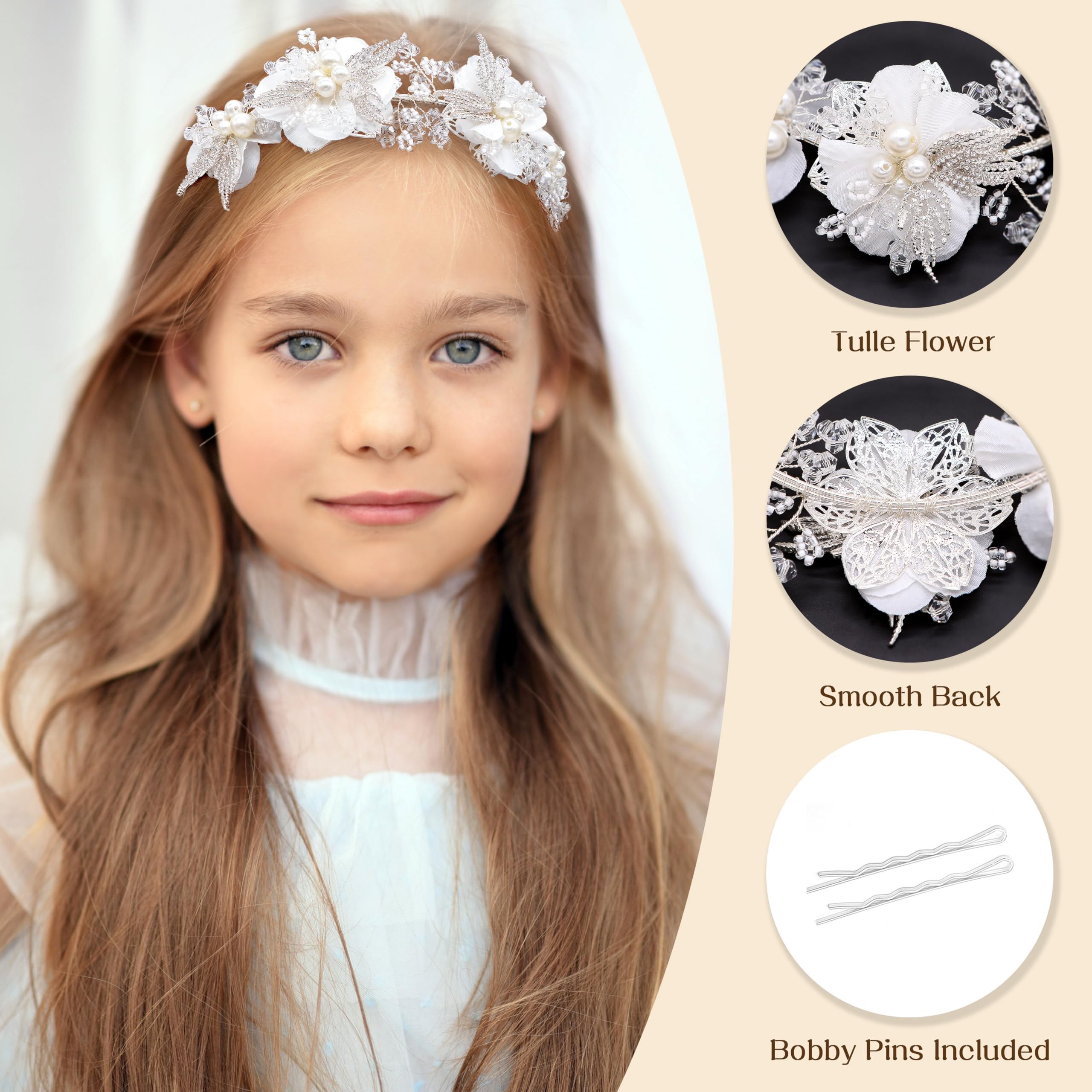 Oriamour Accessorio per capelli con fiori bianchi, per matrimonio, comunione, per ragazze, accessorio per capelli da principessa, per feste di compleanno, prima comunione, argento
