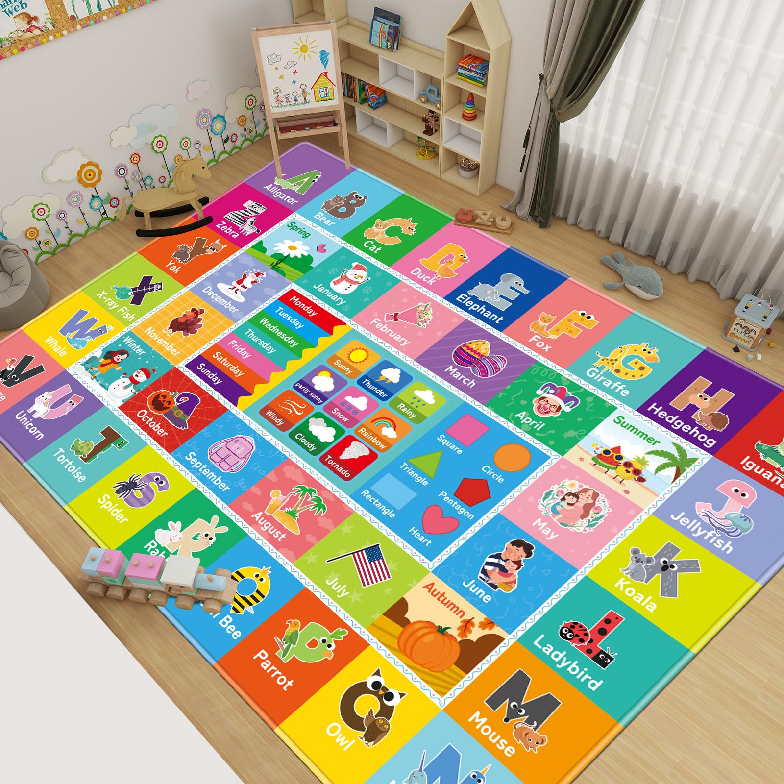 Kinderteppich fürs Spielzimmer, Kinder-Baby-Spielmatte mit Alphabet, Monat, Wetter, Woche und Formen ABC Lernteppich, Kinder-Spielteppich für Schlafzimmer Klassenzimmer (78.7X59 INCH, Wetter)