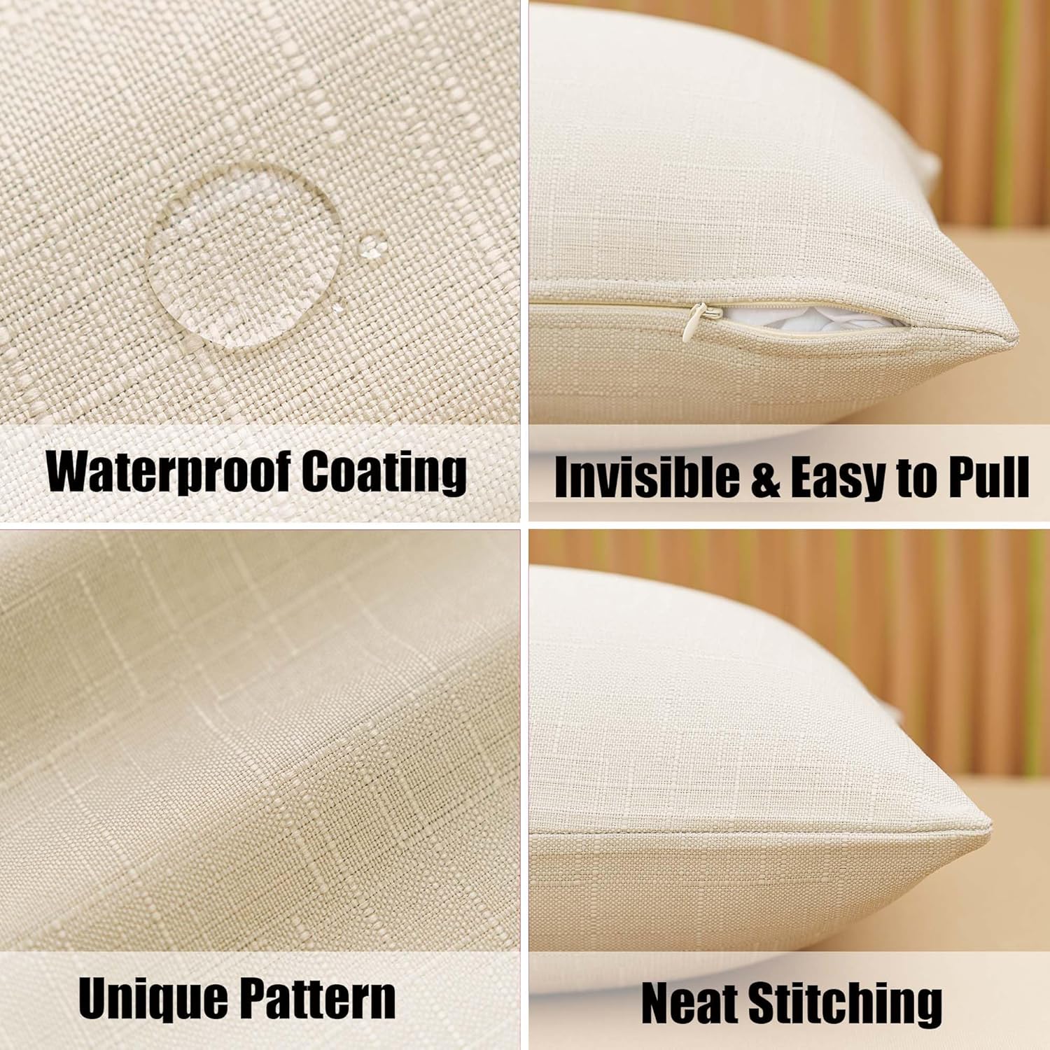 NiNi ALL Pack of 2 Decorative Outdoor Waterproof Pillow Covers Square Linen Textured Garden Cushion Sham Throw Pillowcase Set of 2 for Patio Farmhouse Garden Tent Couch 18x18 Inch Beige - Image 3