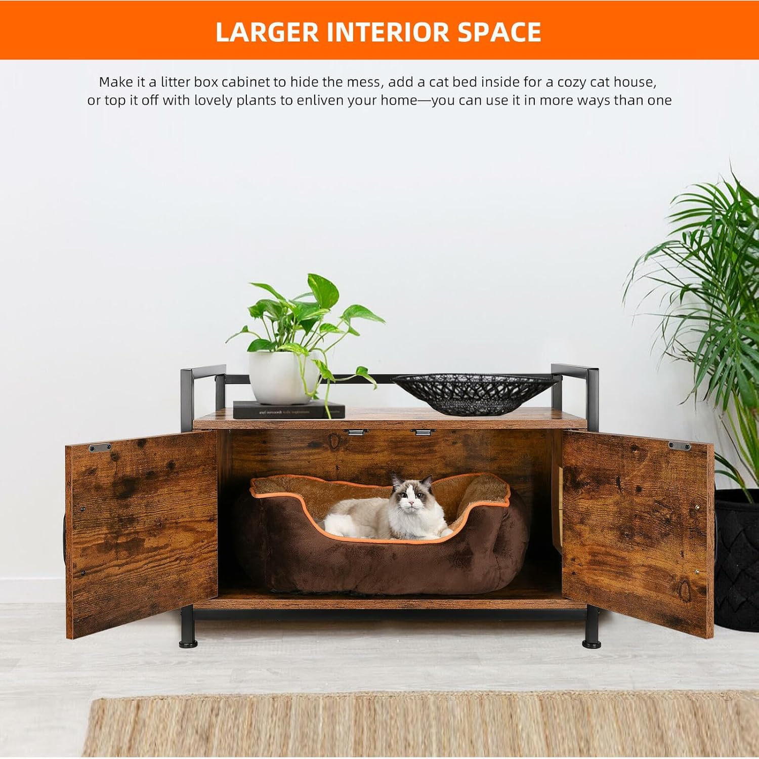 Інтэр'ер view of the LIVINGbasics Cat Litter Box Enclosure with doors open, showing a cat bed inside.